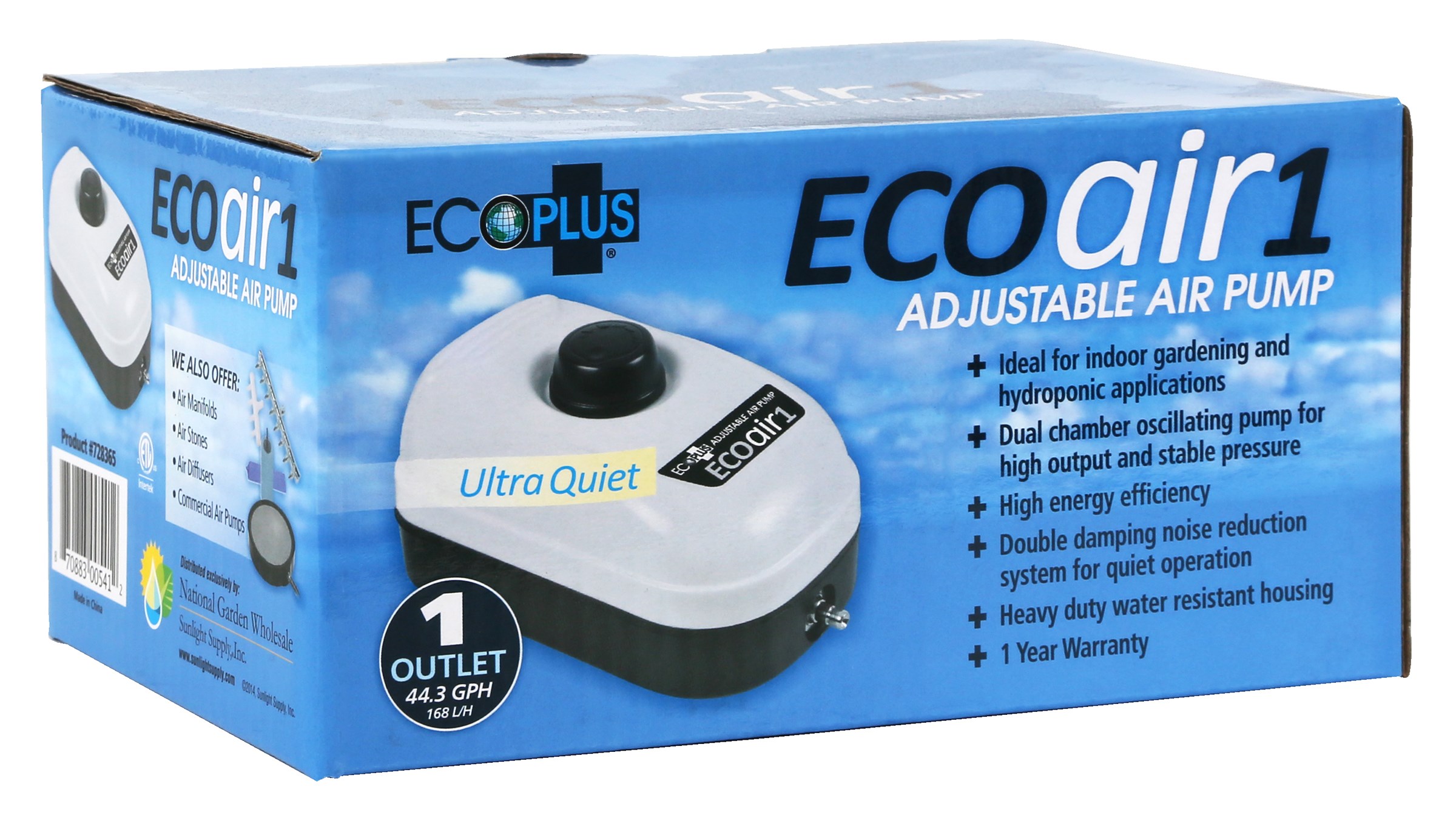 EcoPlus Eco Air 1 Air Pump One Outlet 2 Watt 44 GPH — Single Unit - Image 2