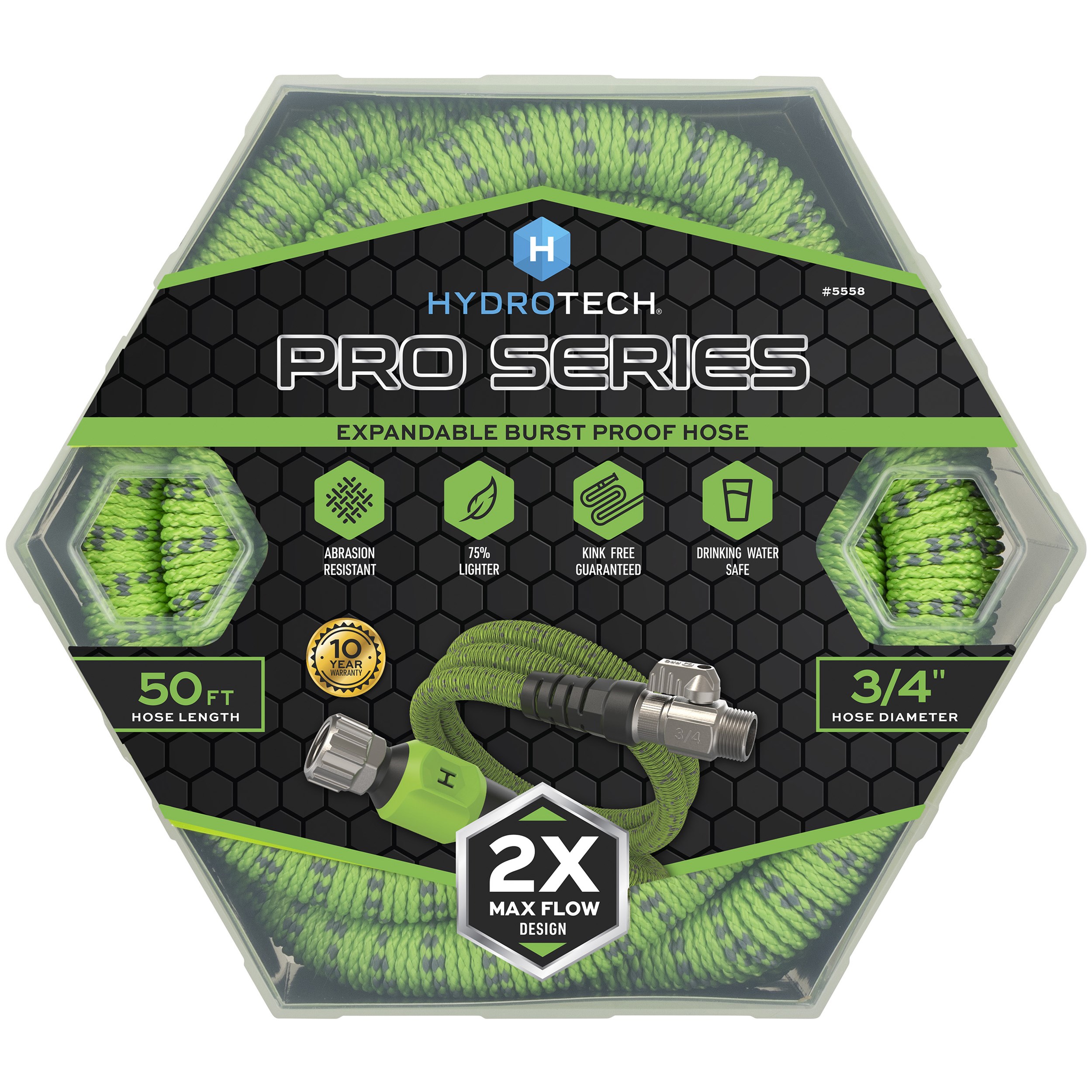 Hydrotech 3/4"x50' ProSeries Expandable Max-Flow Hose Green — priced per each; minimum 3; multiples of 3