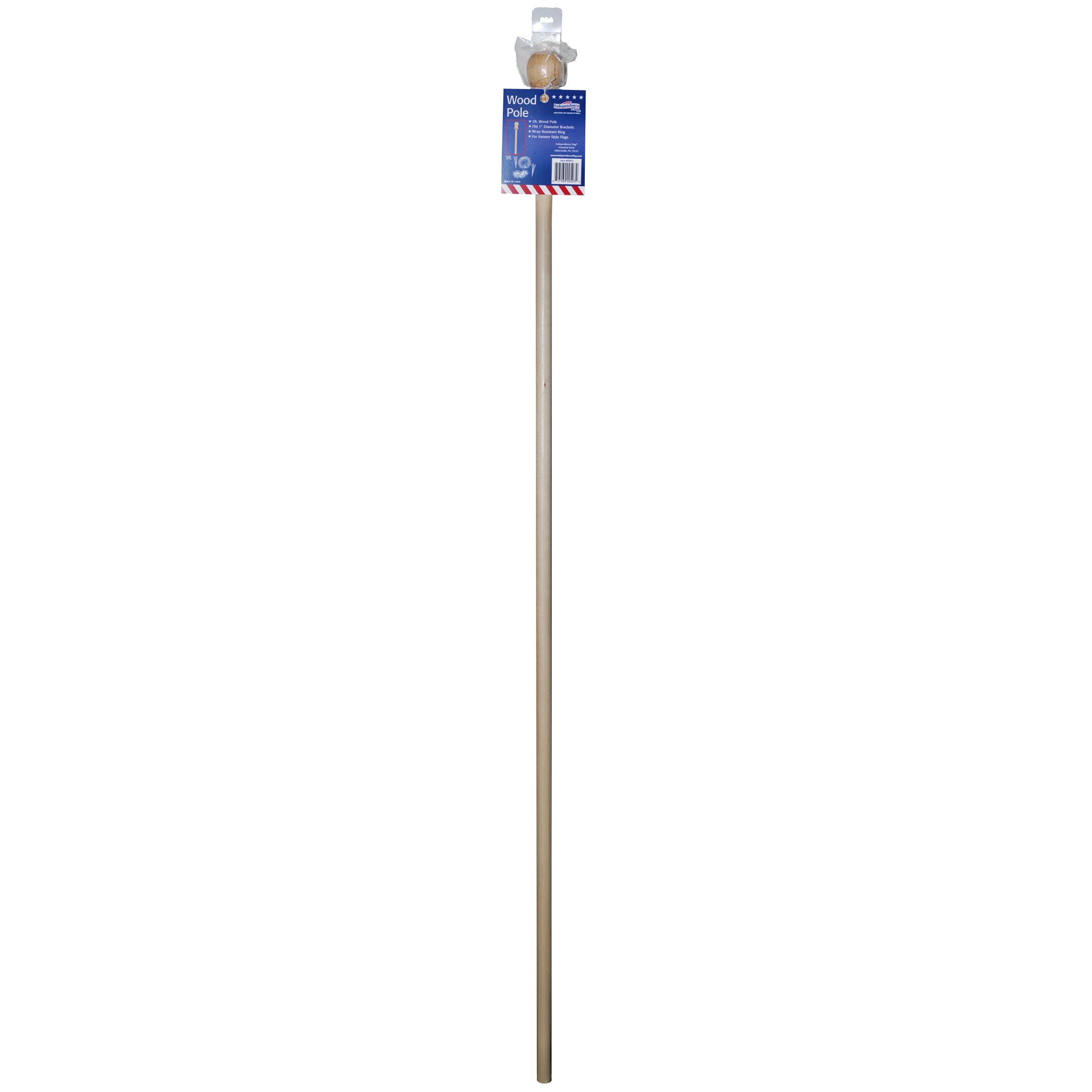 FlagZone Independence Flag 5' 1 Piece Wood Pole with Wood Ball Top Plastic Ring with Metal Clip Wrap Resistance Ring 5/16" Diameter Fits In 1" Diameter Brackets — priced per each; minimum 6; multiples of 6