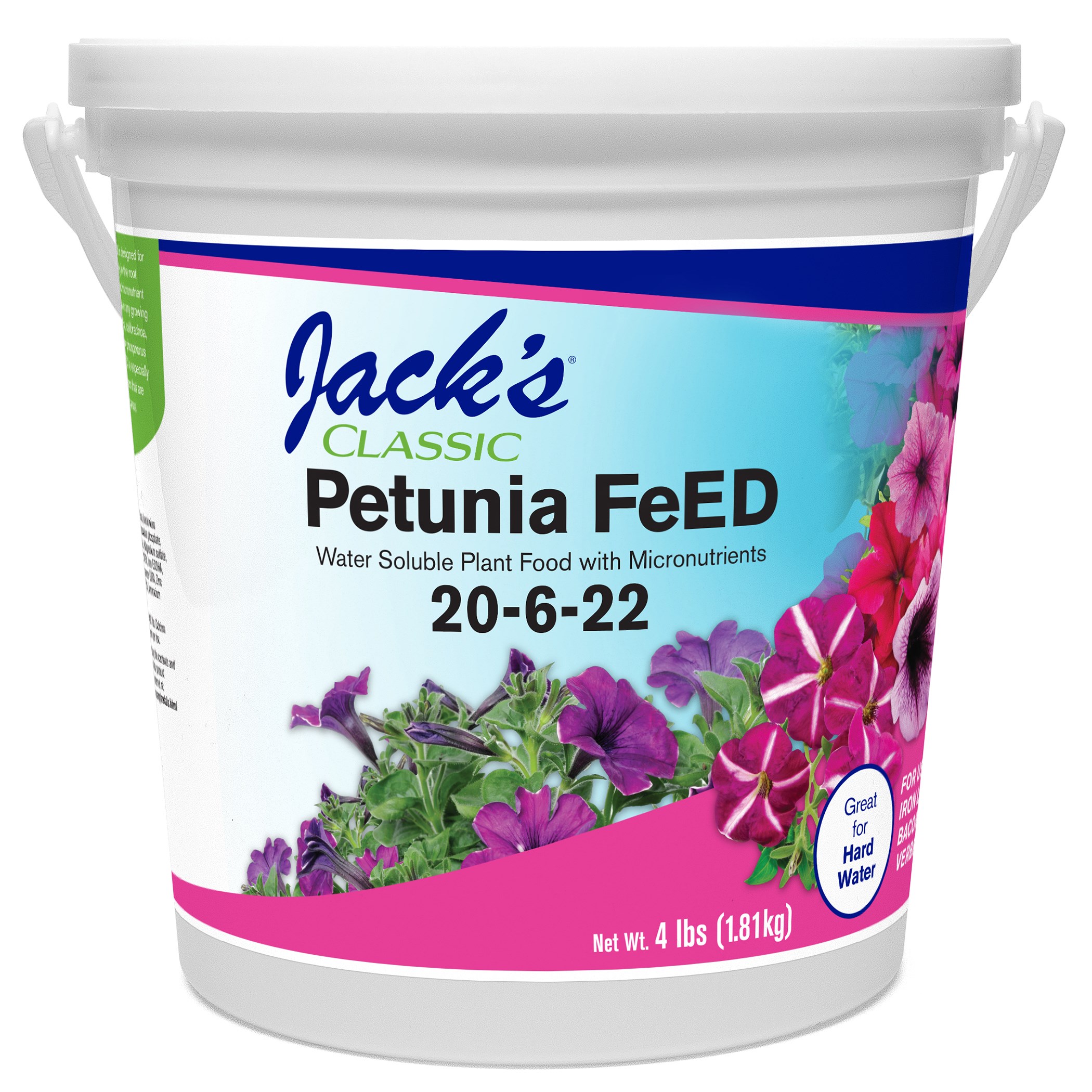 Jacks Classic 4# Petunia FeED 20-6-22 — priced per each; minimum 6; multiples of 6