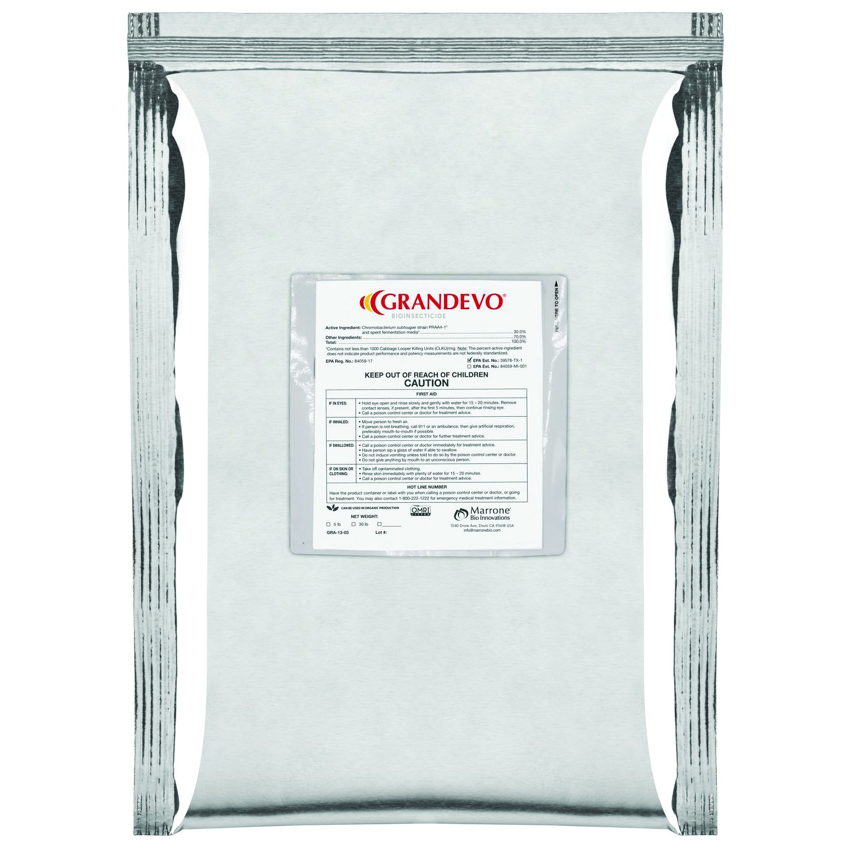Grandevo CG 4Lb OMRI ( Chromobacterium subtsugae strain PRAA4-1 ) Bioinsecticide (Grandevo PTO) sold direct by the case only — Single Unit