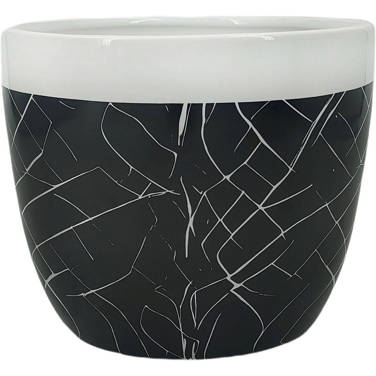 Mcarr 6.7"x6.7"x5.5" Ceramic Pot Glossy Glaze White Rim with Black Pattern — priced per each; minimum 6; multiples of 6