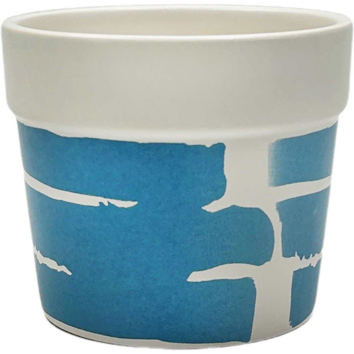 Mcarr 4"x4"X3.5" Ceramic Pot Glossy Glaze White with Blue Stripe Pattern — priced per each; minimum 6; multiples of 6