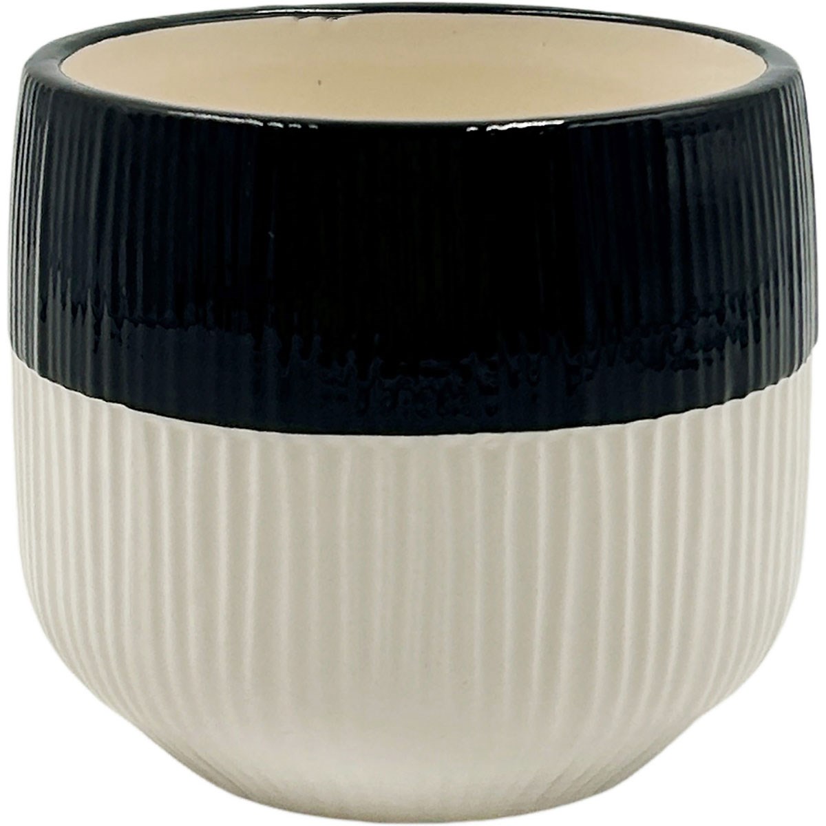 Mcarr 4"X4"X3.7" Ceramic Pot Glossy Glaze Black Top White Bottom — priced per each; minimum 6; multiples of 6