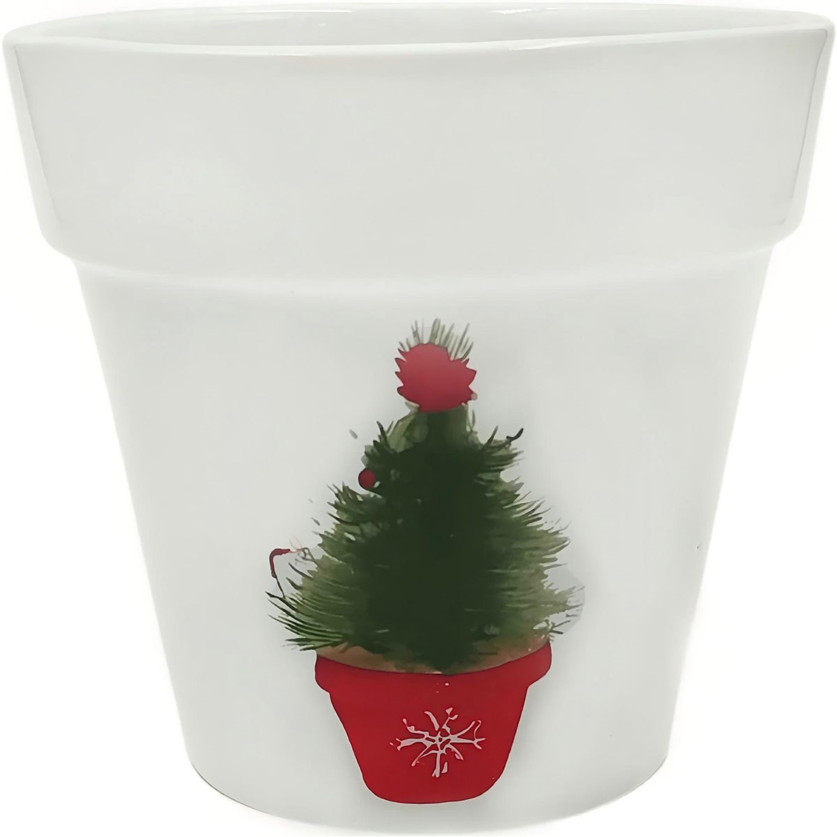 Mcarr 5.9"X5.9."x5.5" Ceramic Pot Glossy Glaze White with Christmas Tree — priced per each; minimum 6; multiples of 6