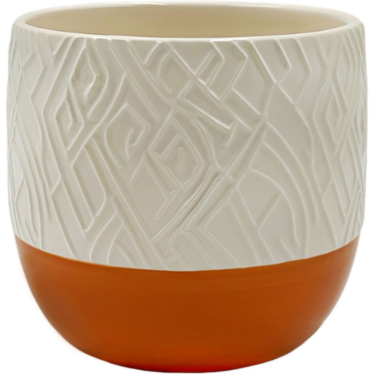 Mcarr 4.6"x4.6"x4" Ceramic Pot Glossy Glaze White Bark Pattern with Orange Bottom — priced per each; minimum 6; multiples of 6