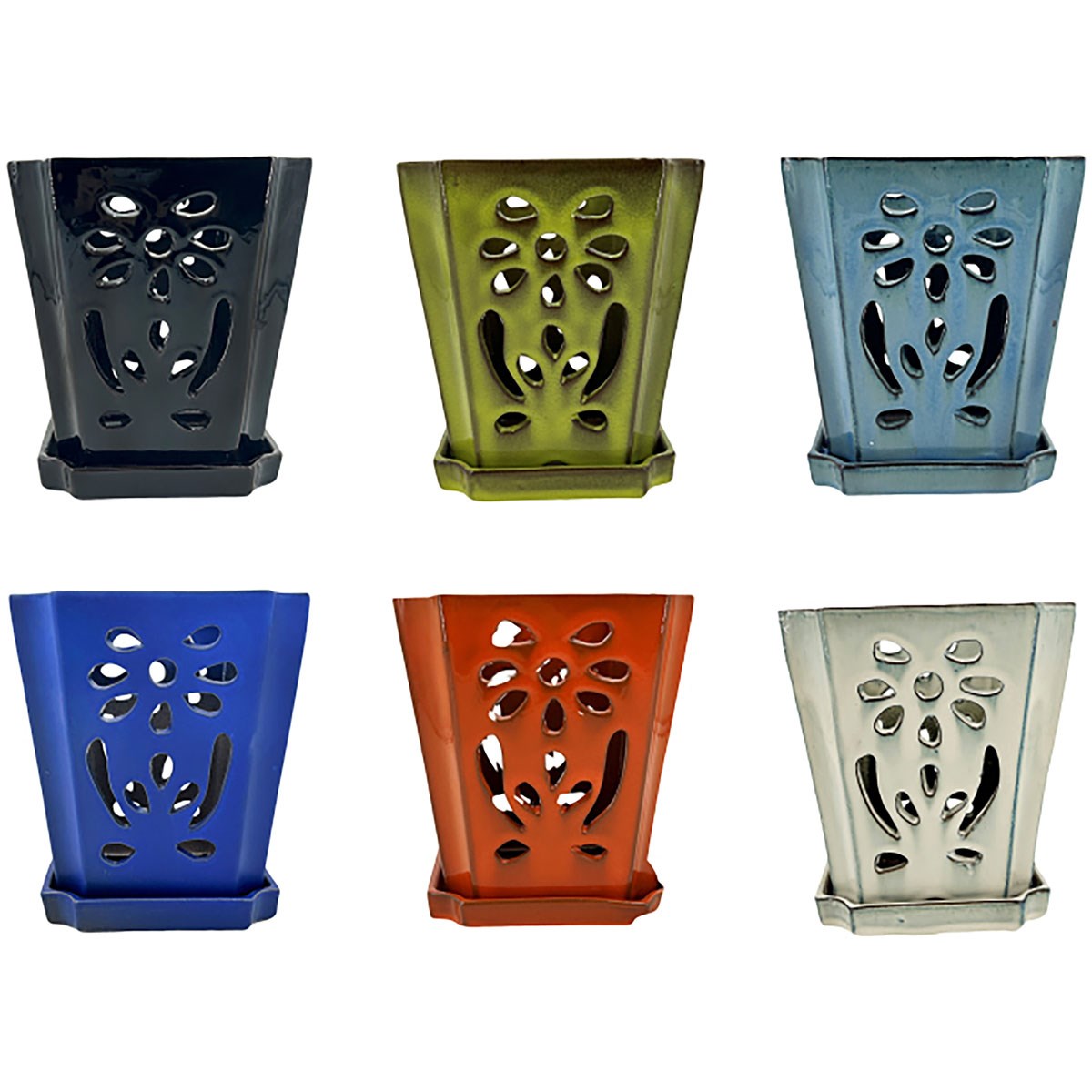 MCarr 6pc Mix 7"x7"x8" Floral Orchid Pot Assorted Colors Dark Blue, Light Blue, Cream, Green, Orange, Black