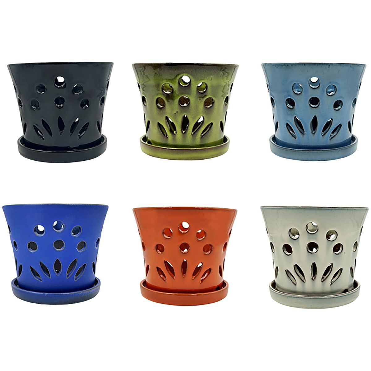 MCarr 6pc Mix 7"x7"x6" Round Orchid Pot Assorted Colors Dark Blue, Light Blue, Cream, Green, Orange, Black
