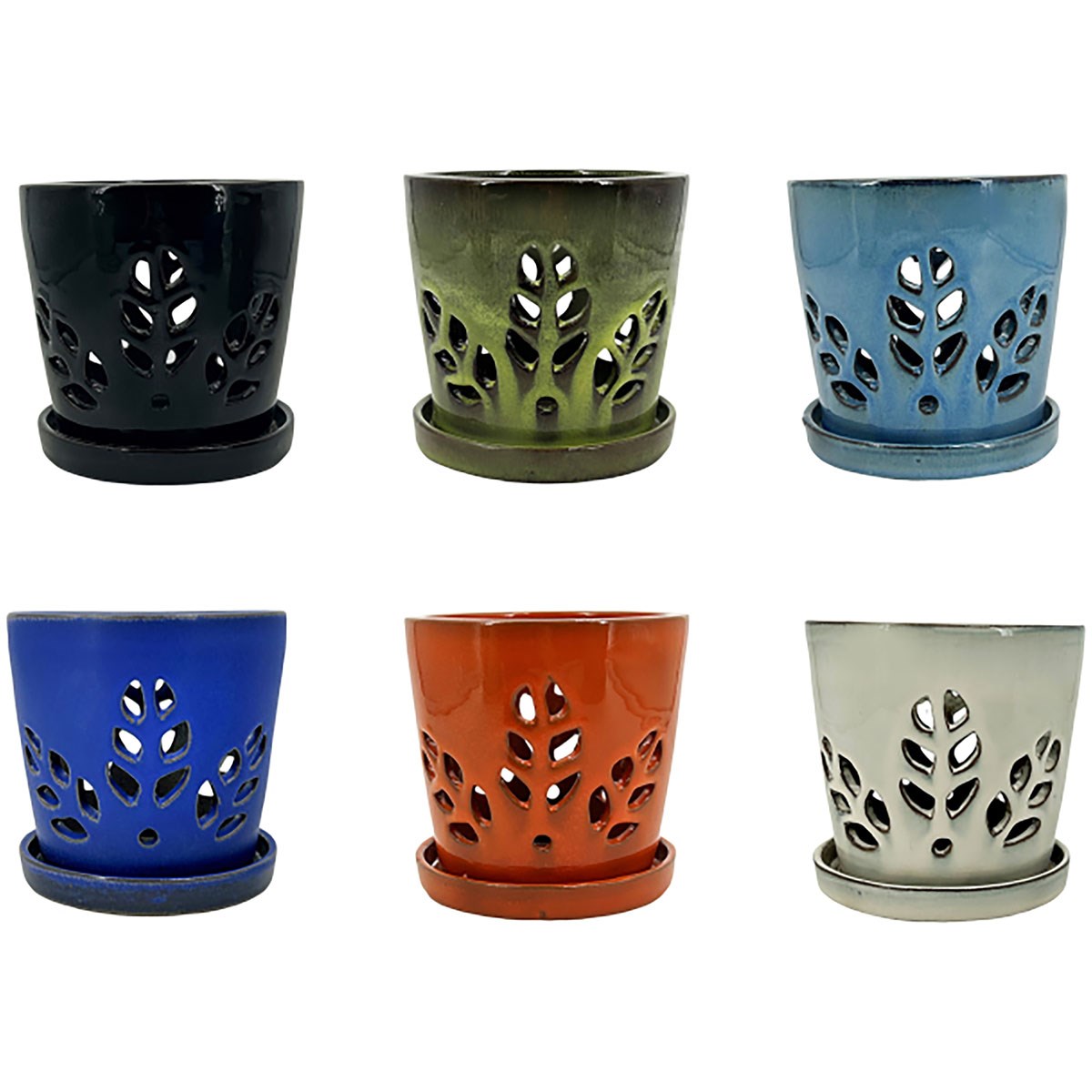 MCarr 12pc Mix 5.5"x5.5"x5.5" Leaf Orchid Pot Assorted Colors Dark Blue, Light Blue, Cream, Green, Orange, Black