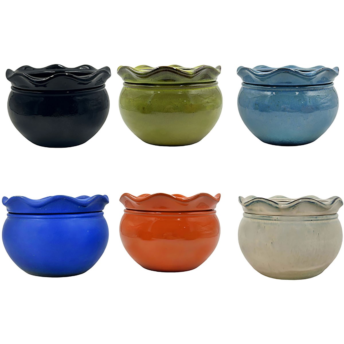MCarr 6pc Mix 8"x8"x5.7" Round Scalloped Pot Assorted Colors Dark Blue, Light Blue, Cream, Green, Orange, Black