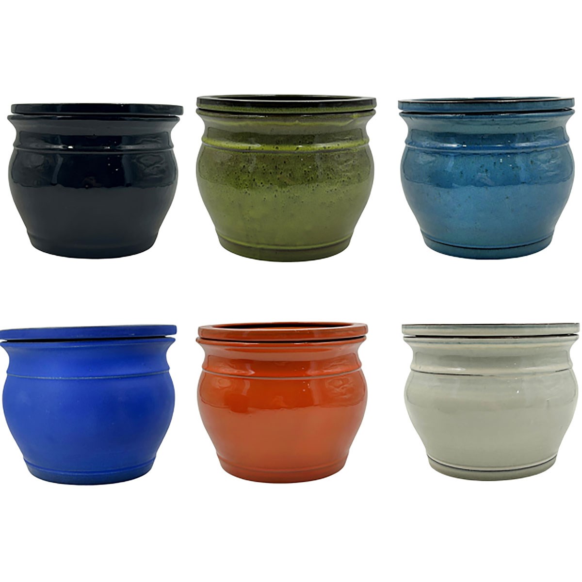 MCarr 6pc Mix 8"x8"x6.7" Round Self-Watering Pot Assorted Colors Dark Blue, Light Blue, Cream, Green, Orange, Black