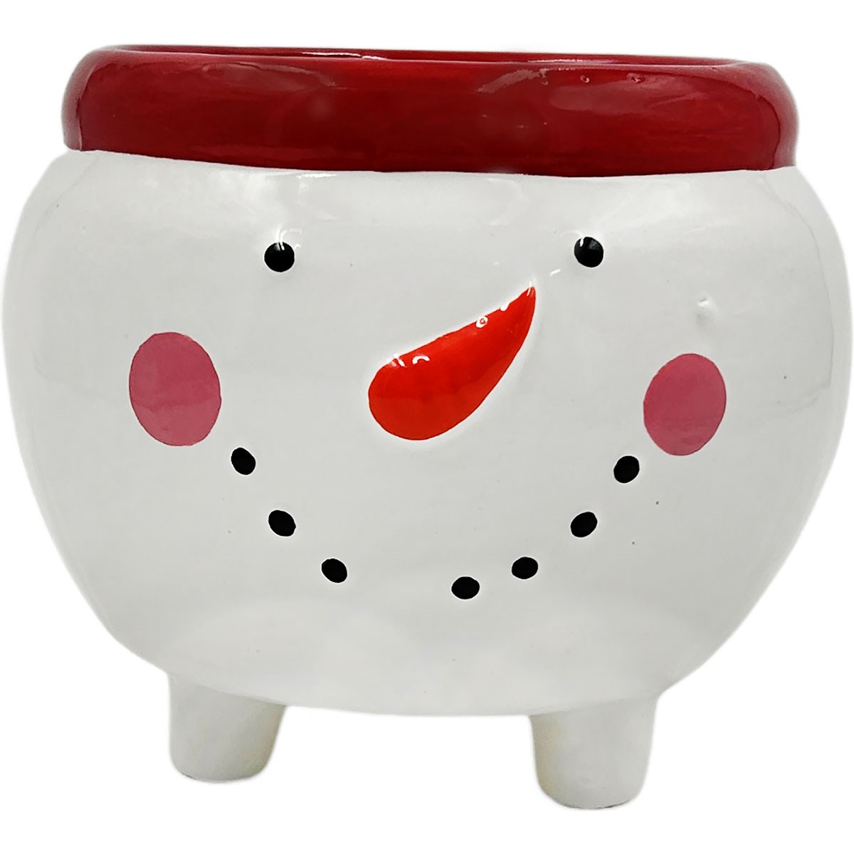 Mcarr 6.7"x6.7"X5.6" Ceramic Pot Glossy Glaze Snowman Figure Red Top with Feet — priced per each; minimum 6; multiples of 6