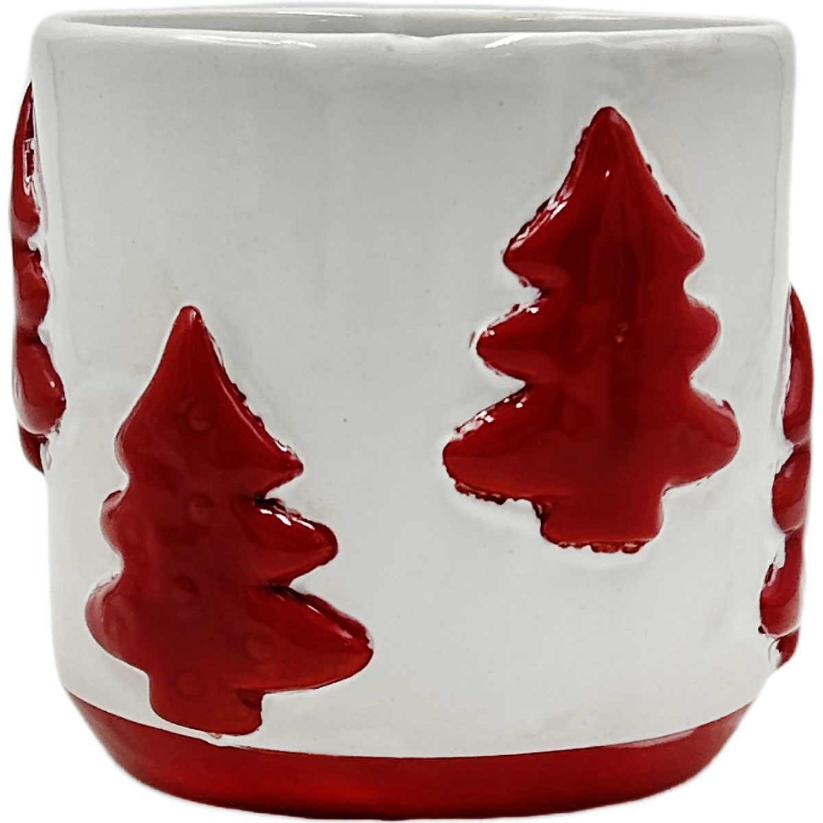 Mcarr 4.5"x4.5"x4" Ceramic Pot Glossy Glaze White with Red Trees — priced per each; minimum 6; multiples of 6