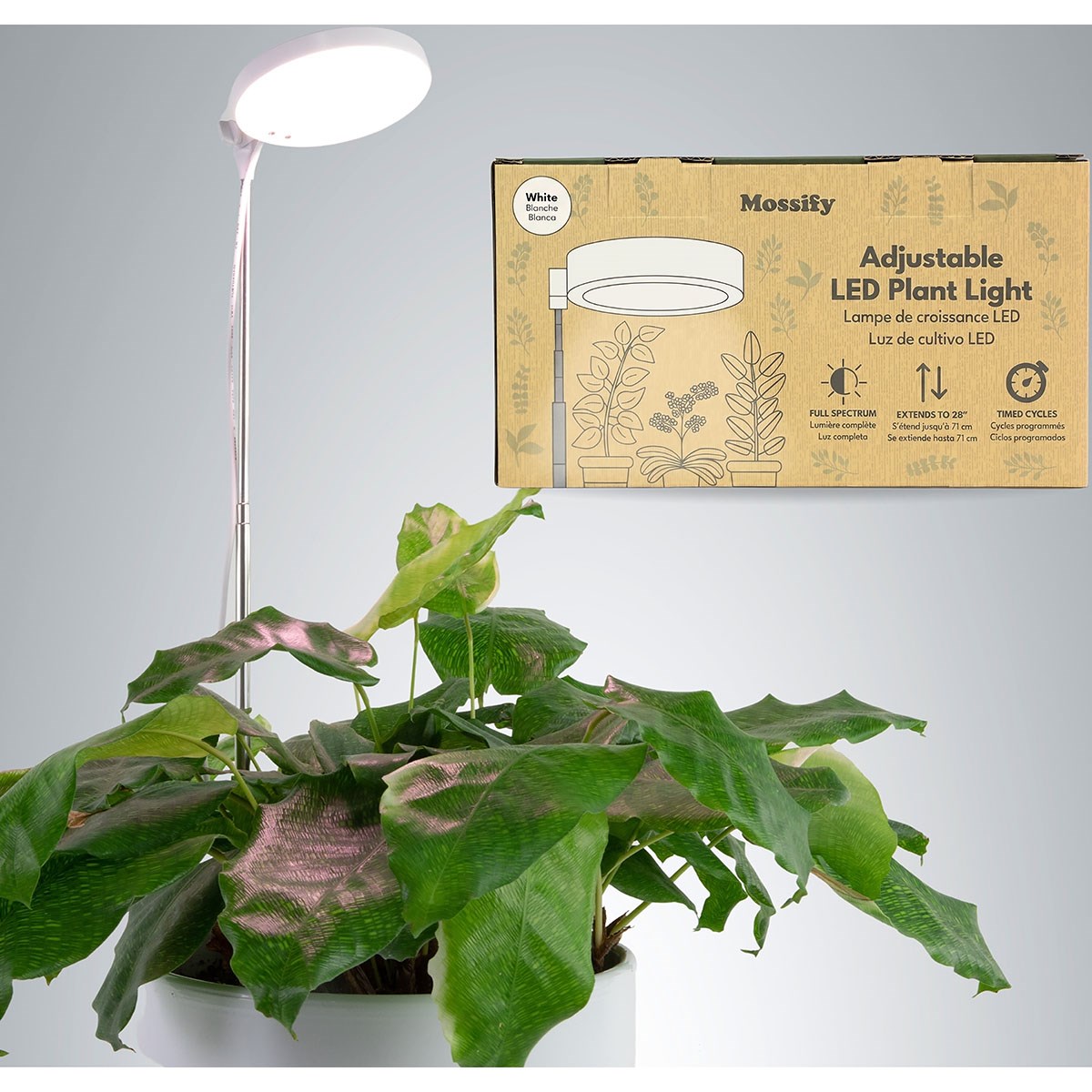 Mossify 28" Adjustable LED Plant Light White — priced per each; minimum 12; multiples of 12