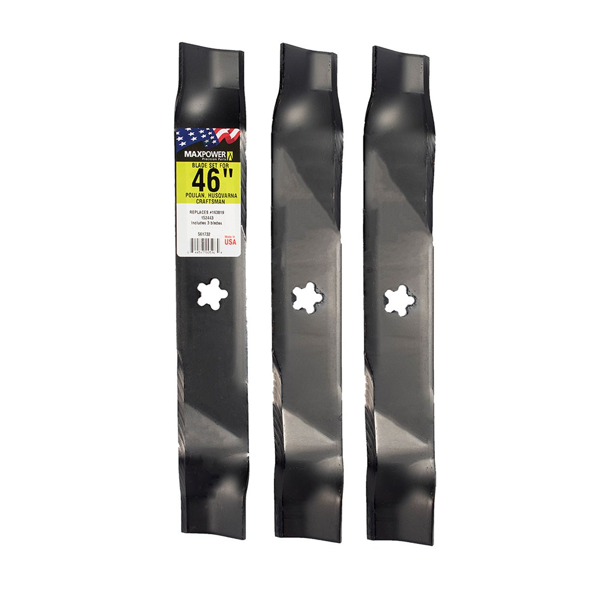 Maxpower 3 Blade Set for Many 46" Craftsman, Husqvarna, Poulan Mowers Replaces OEM #'s 52443, 163819, 532145708, 532152443