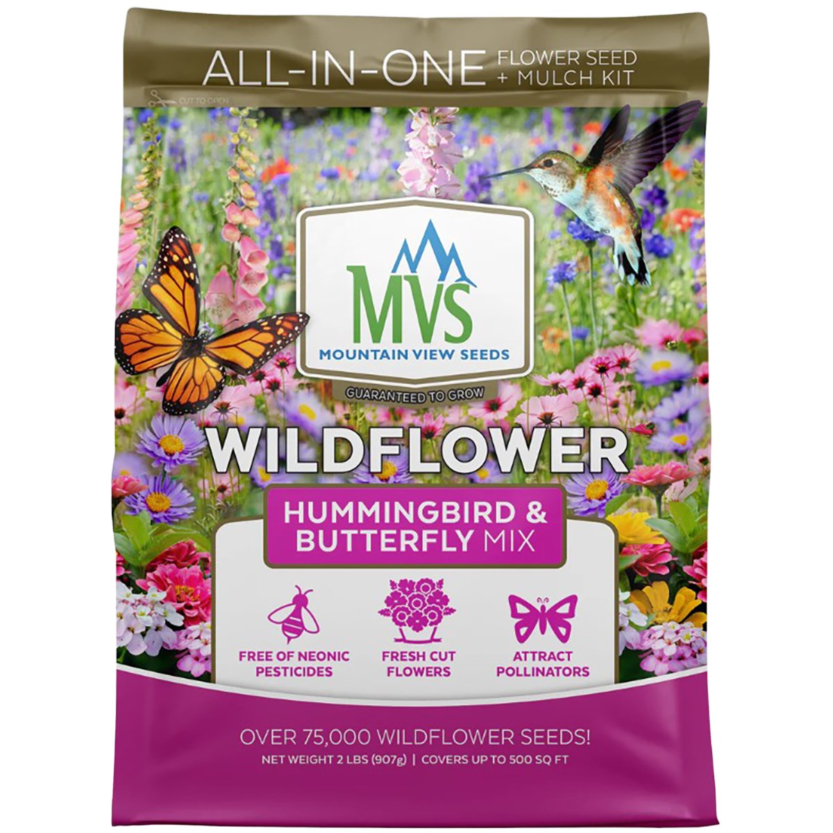 MVS 2# Wildflower Butterfly and Hummingbird Mix Seed with Mulch Kit — priced per each; minimum 18; multiples of 18