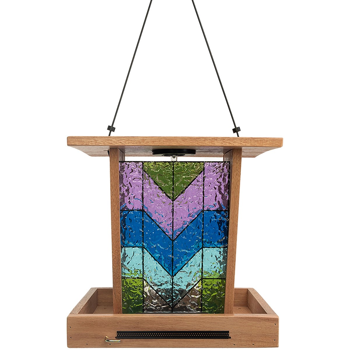 Wild Bird Lovers Cedar & Stained Glass Hopper Feeder with Solar Light