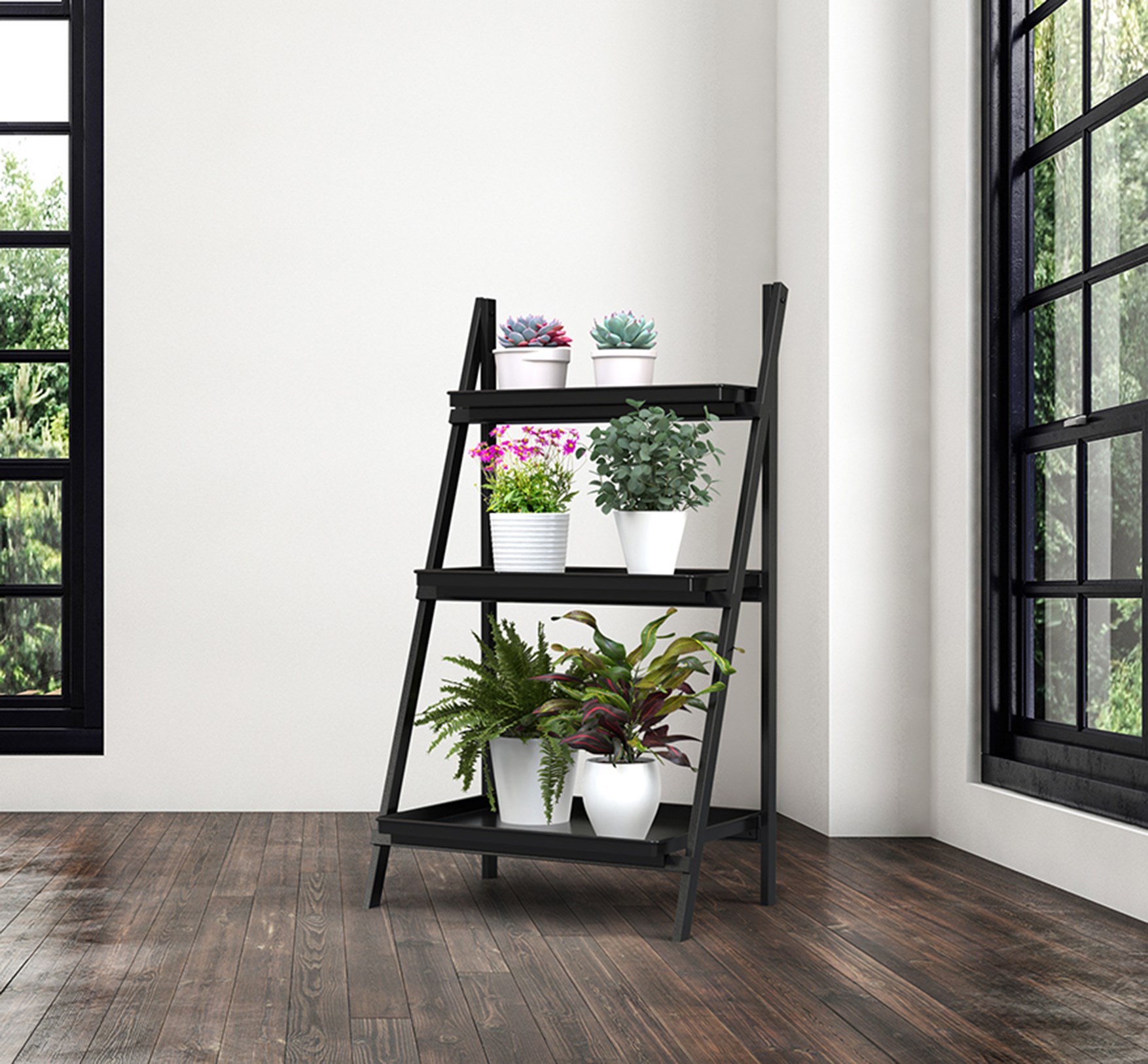 Panacea Folding Narrow Step Ladder 3 Tier Plant Stand with Metal Trays Matte Black