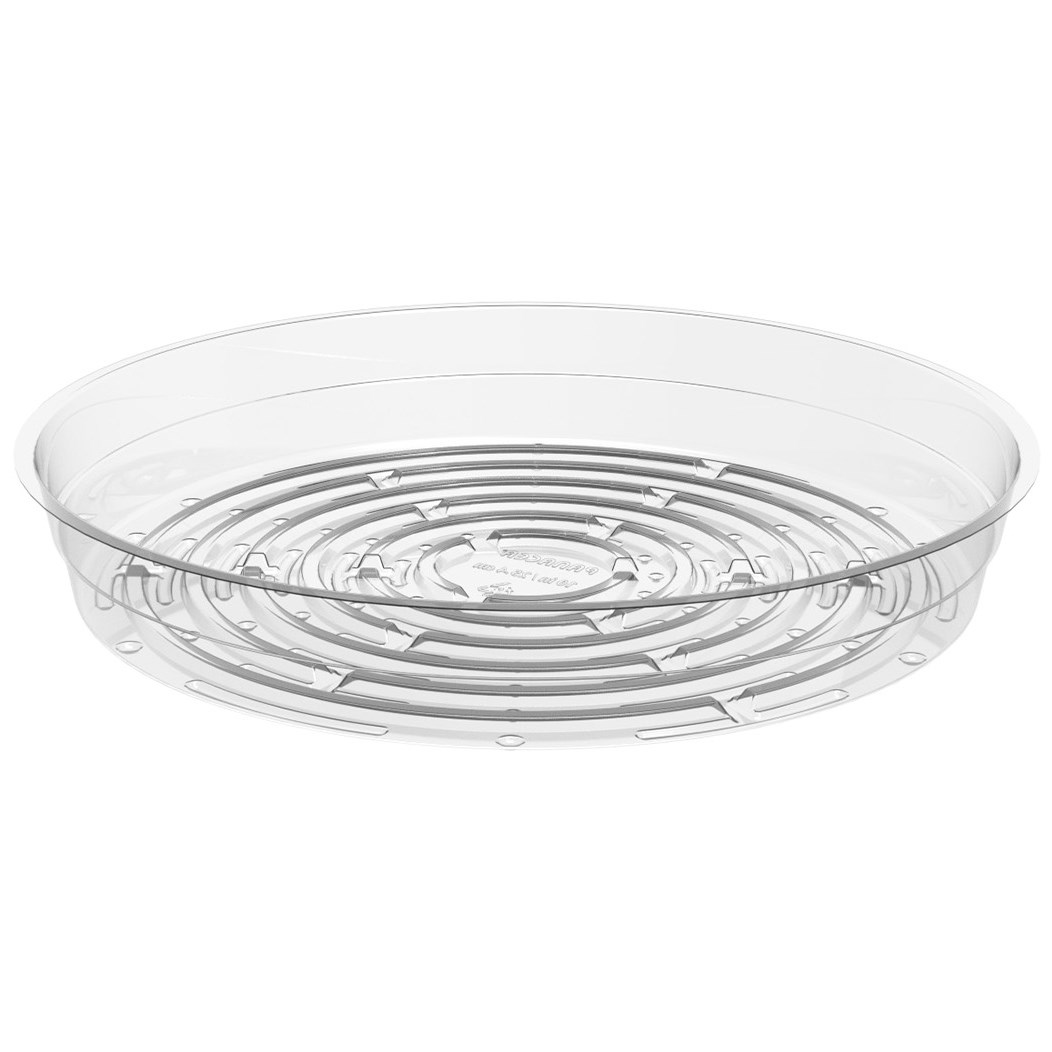 Panacea 12" diam Clear Plastic Saucer — priced per each; minimum 65; multiples of 65
