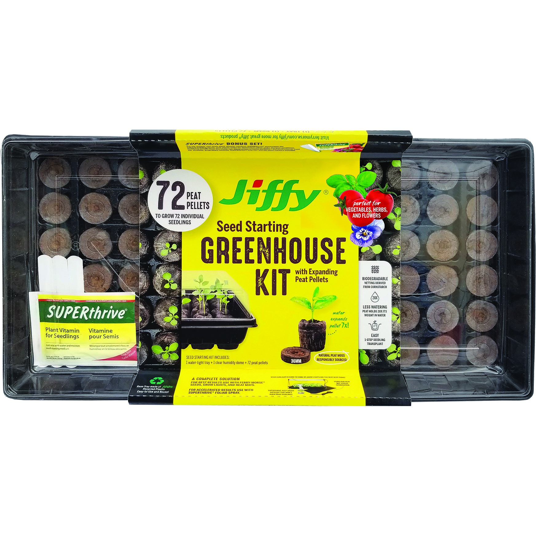 Jiffy 72 Greenhouse w/ Superthrive Labels 36mm — priced per each; minimum 20; multiples of 20
