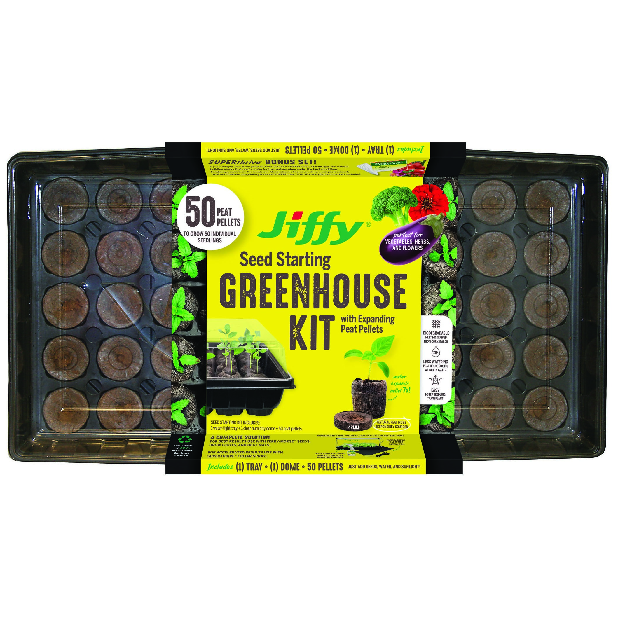 Jiffy 42mm Greenhouse 50 w/ Superthrive Labels — priced per each; minimum 20; multiples of 20