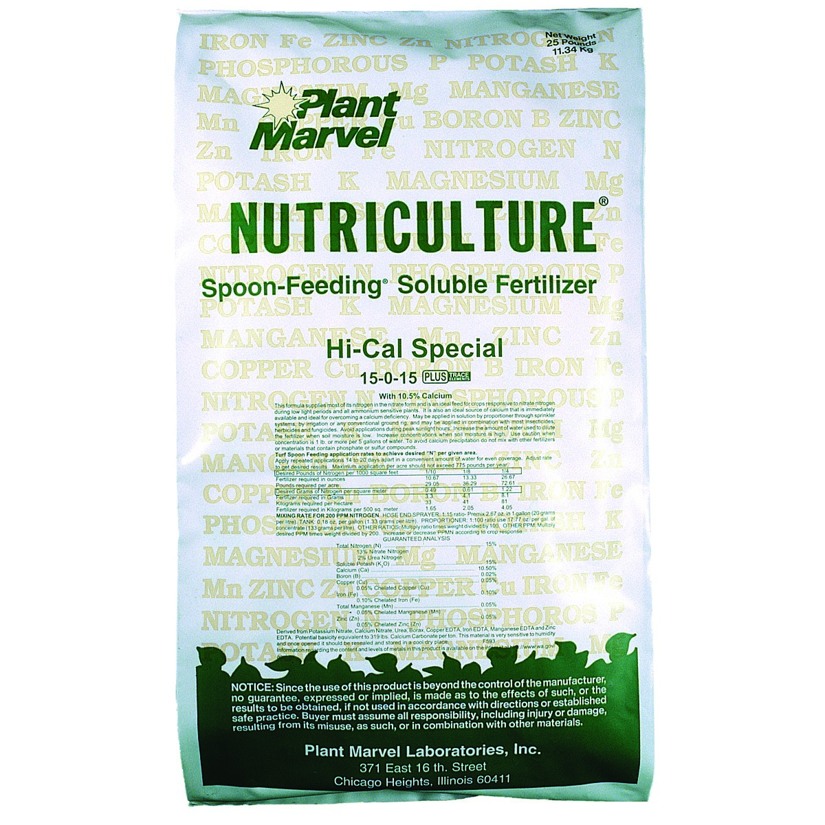 Plant Marvel Nutriculture 25LB 15-0-15 Plus Hi-Cal Special 10.5% Ca