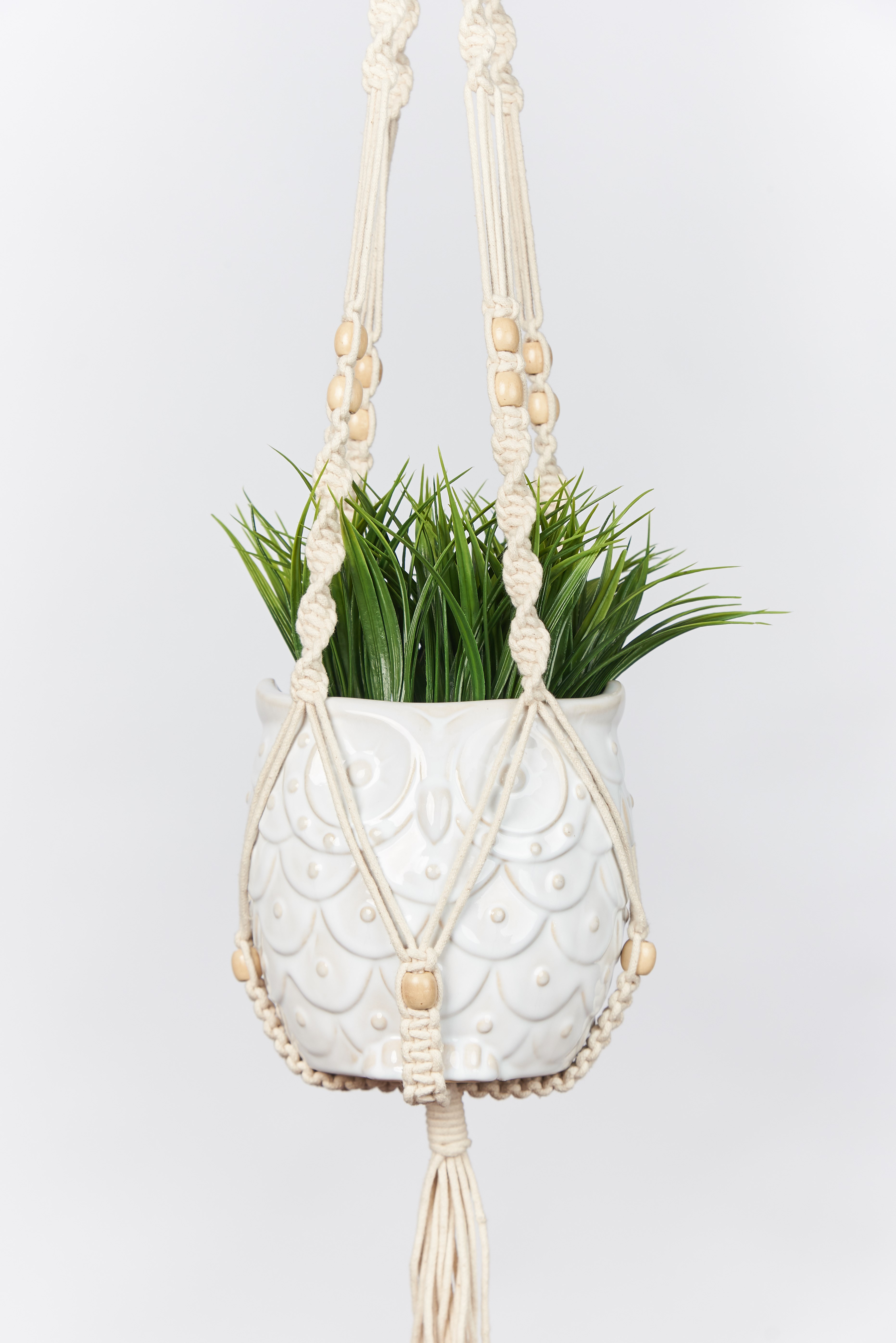 Primitive 42" Beaded Cotton Woven Plant Hanger — priced per each; minimum 6; multiples of 6