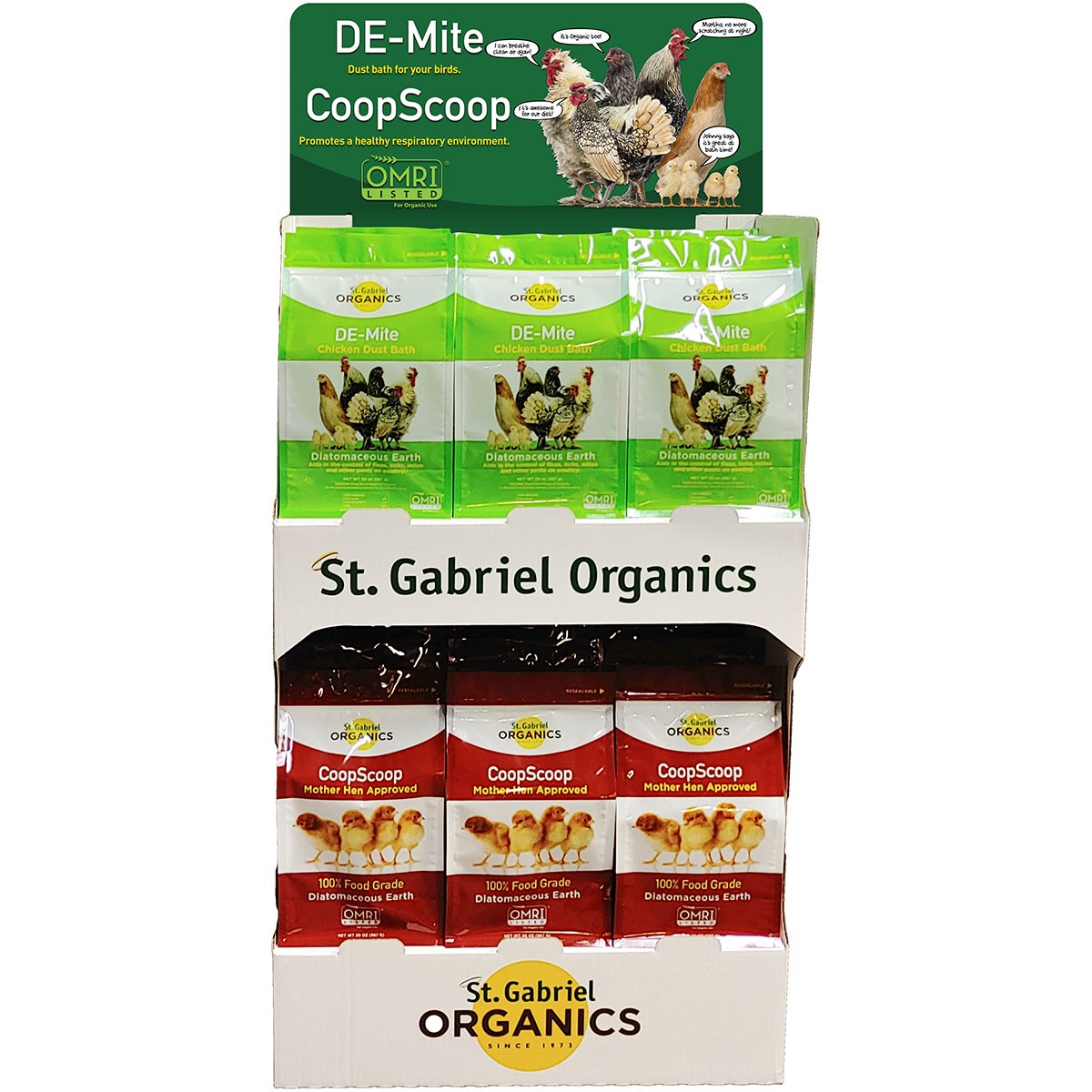 St Gabriel 18pc Poultry Combo Diatomaceous Earth Display (9) 20oz Coop Scoop and (9) DE-Mite