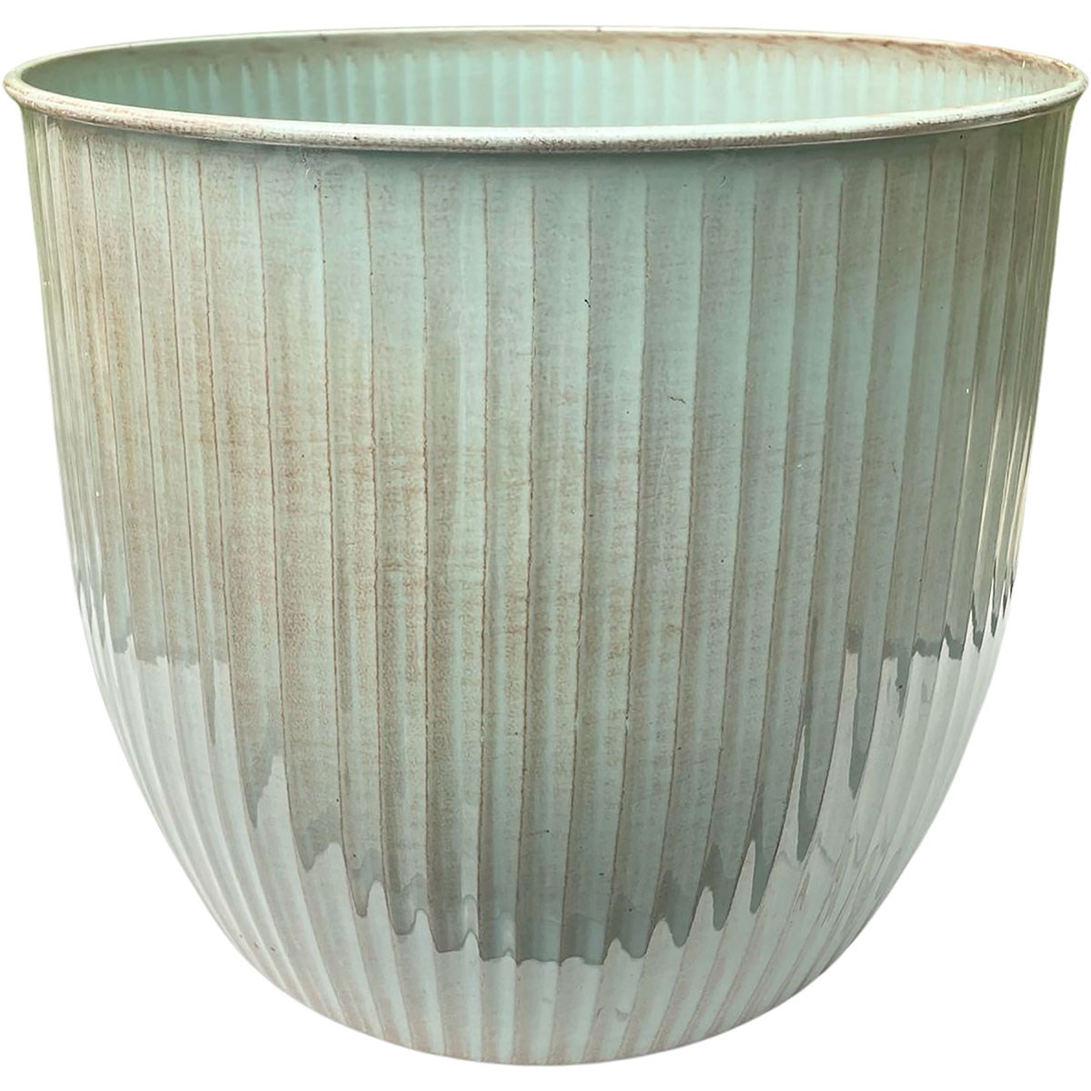 Sun Ceramica 12" San Miguel Metal Pot Green — priced per each; minimum 4; multiples of 4