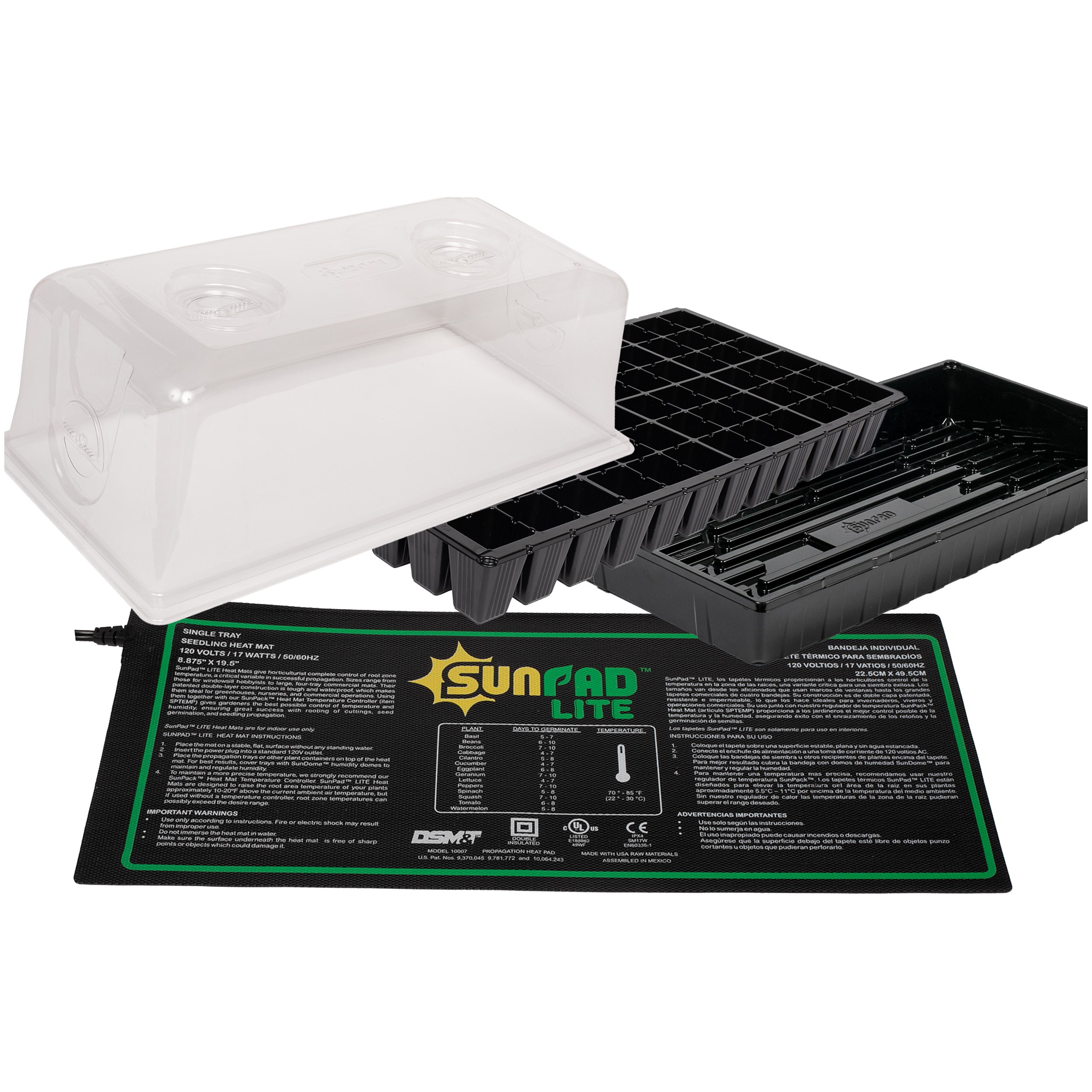 SunDome Mini Greenhouse Kit - Includes 7.5" Humidity Dome, 72-Cell Seedling Insert, 11"x21" Watertight Base Tray, 8 7/8"x19 1/2" SunPad Lite Seedling Heat Mat — priced per each; minimum 6; multiples of 6