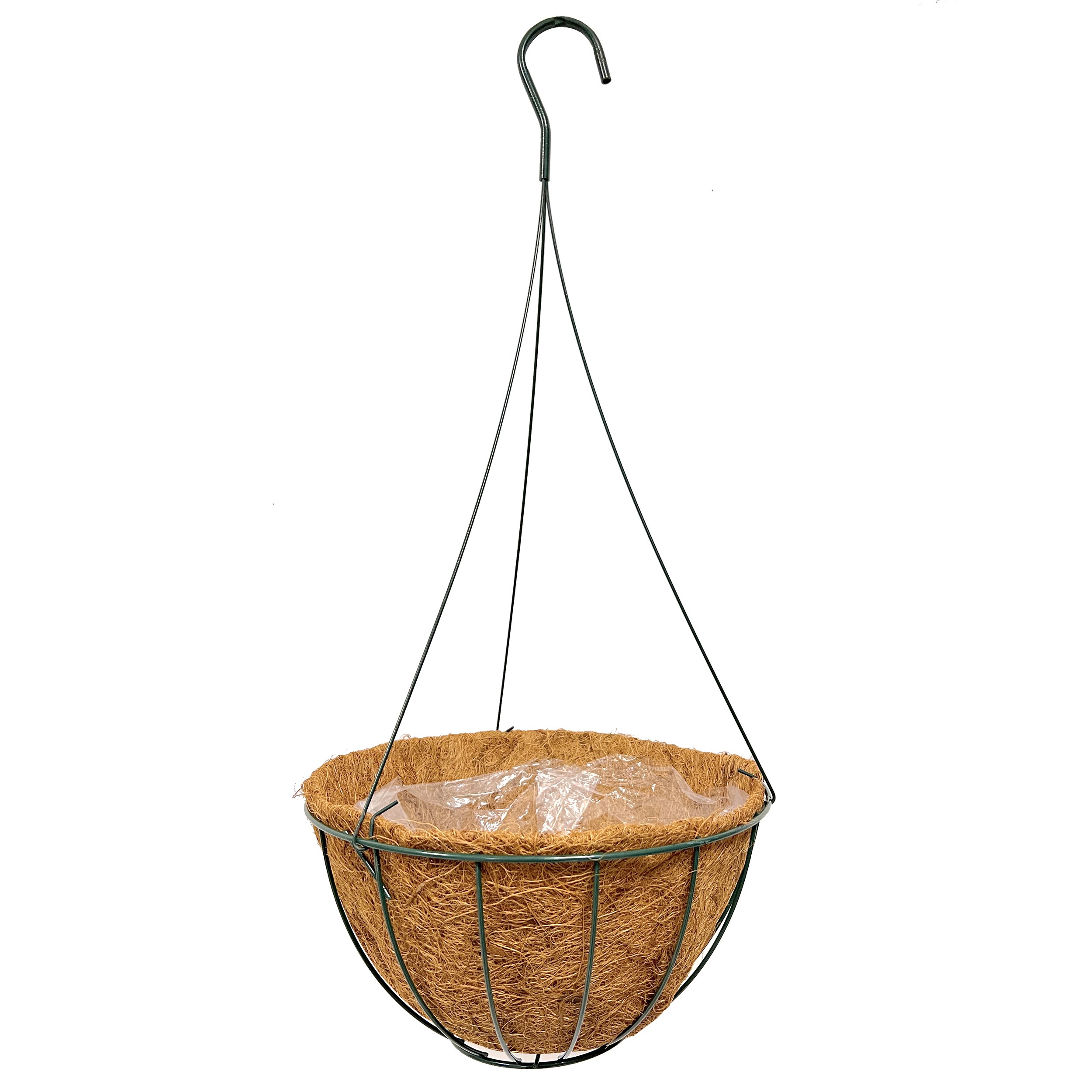 GROWER SELECT 12" HANGING BASKET HUNTER GREEN WIRE HANGER FLAT BOTTOM COCO LINER; TOP DIA 12IN X 6IN H 1.58 GAL /6L LIQUID VOLUME CAPACITY