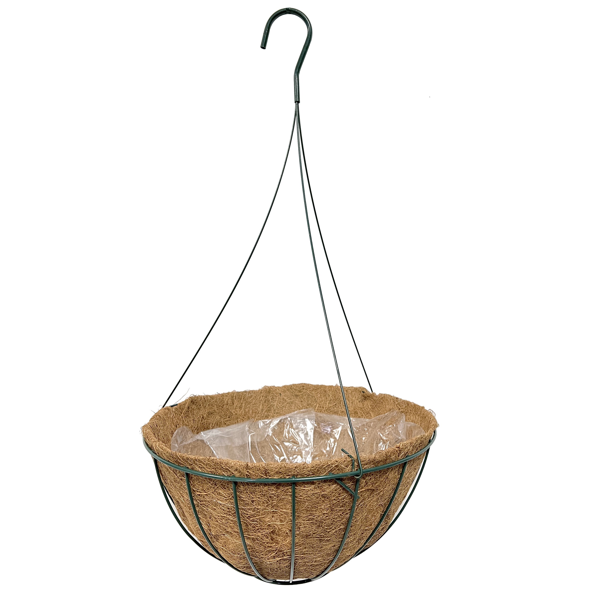 Grower Select 14" Hanging Basket Hunter Green 20" 4 Strand Wire Hanger Wire Hanger Flat Bottom Coco Liner; 14in x 7in 2.37 Gal / 9 liters Liquid Volume Capacity — Case of 25