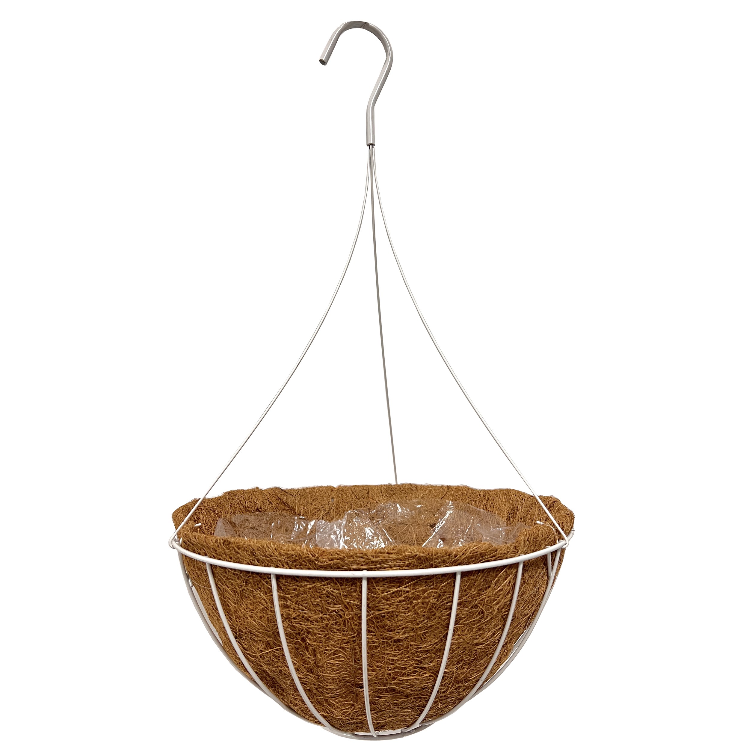 Grower Select 14" Hanging Basket White 20" 4 Strand Wire Hanger Flat Bottom Coco Liner; 14 in x 7 in; 2.37 Gal / 9 liters Liquid Volume Capacity