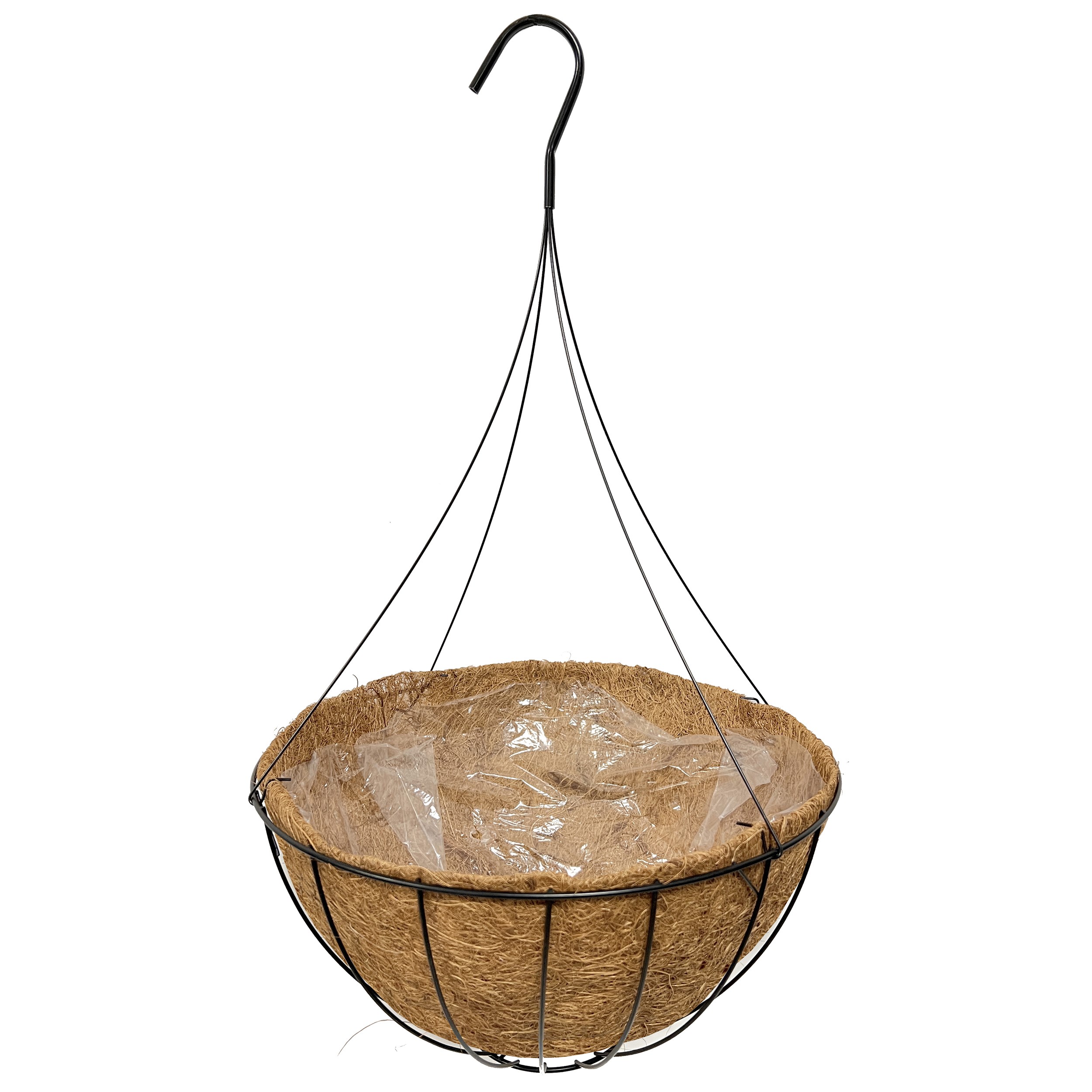 Grower Select 16" Hanging Basket Black 20" 4 Strand Wire Hanger Flat Bottom Coco Liner; 16in X 8in 3.43 GAL / 13 liters Liquid Volume Capacity — Case of 25