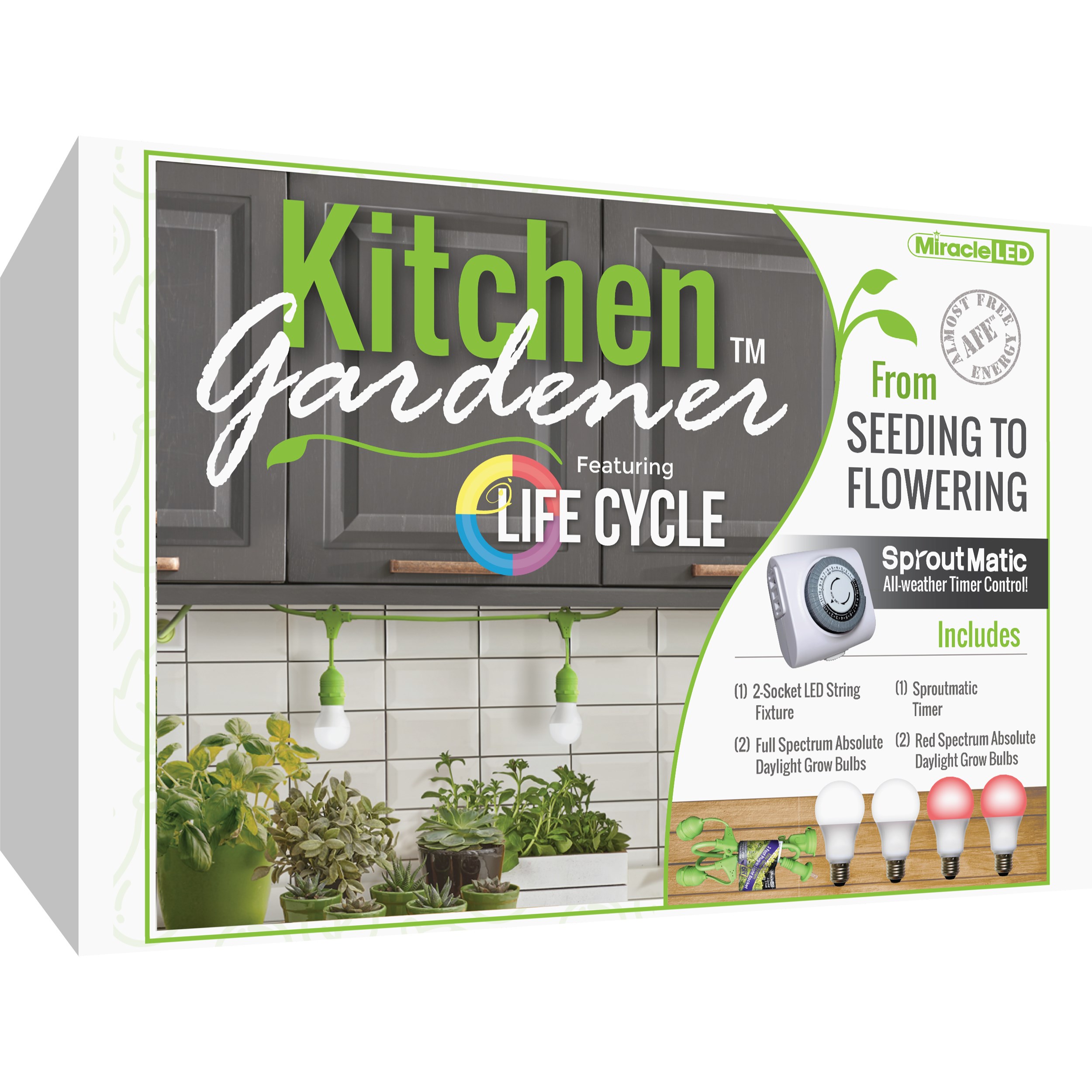 Miracle LED Kitchen Gardener Automatic Grow Kit, 3-Foot Length with 2 Absolute Daylight Full Spectrum Grow Bulbs & Timer
