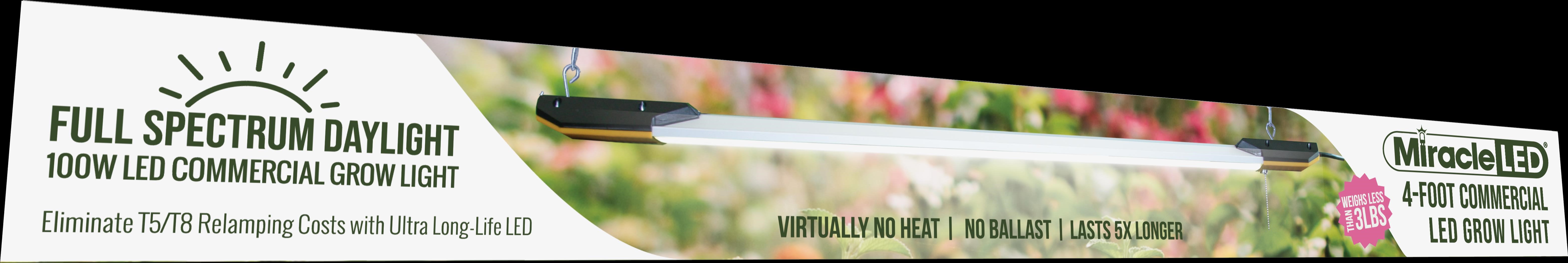 Miracle LED 4-Foot Full Spectrum Daylight LED Grow Light, 100W, Lightweight, Hangable, Ultra Long Life