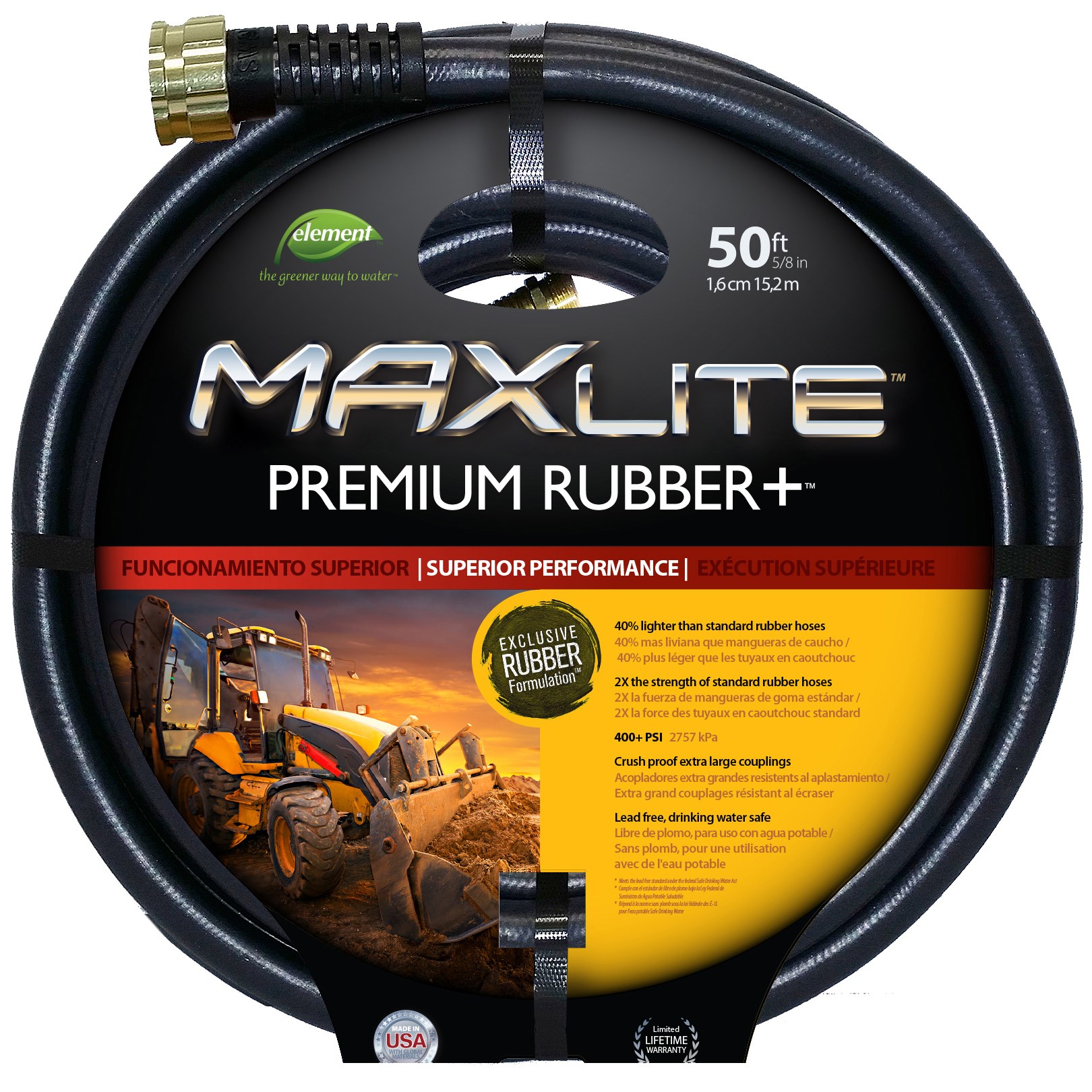 Element 5/8"x50' Rubber Max Lite Hose — priced per each; minimum 4; multiples of 4