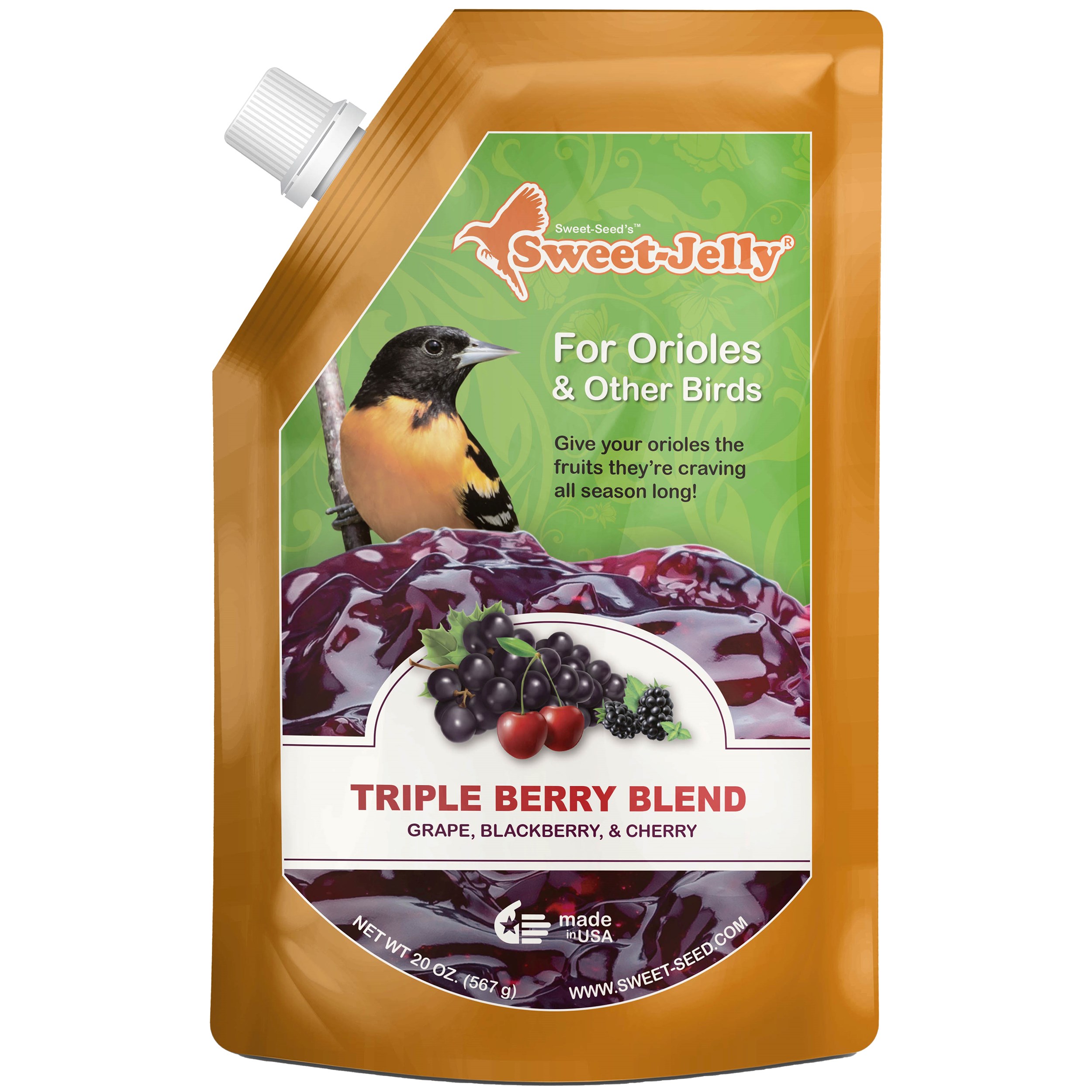 Sweet Seed 20oz Oriole Sweet-Jelly Triple Fruit Blend Pouch — priced per each; minimum 6; multiples of 6