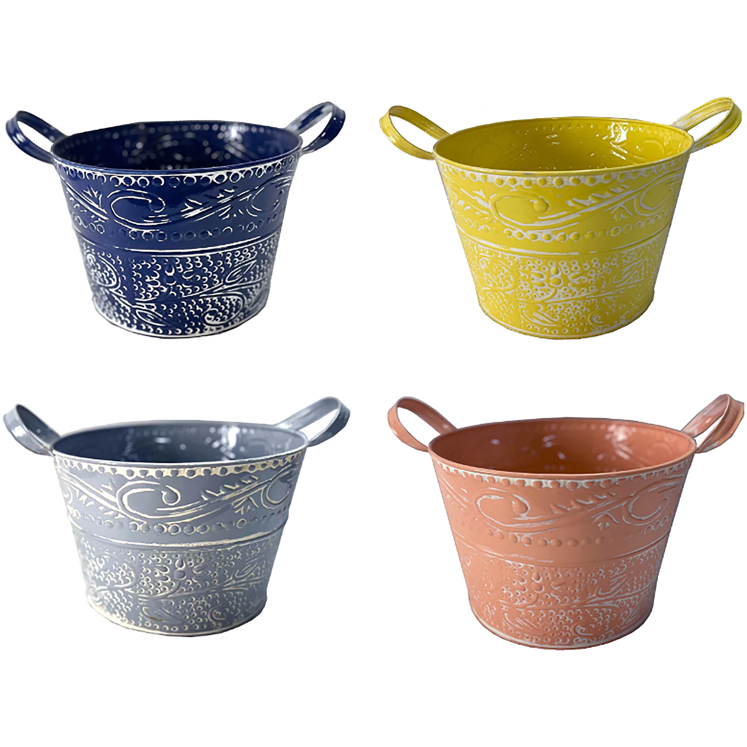 VCS 10" Embossed Planters with White Rub — priced per each; minimum 12; multiples of 12