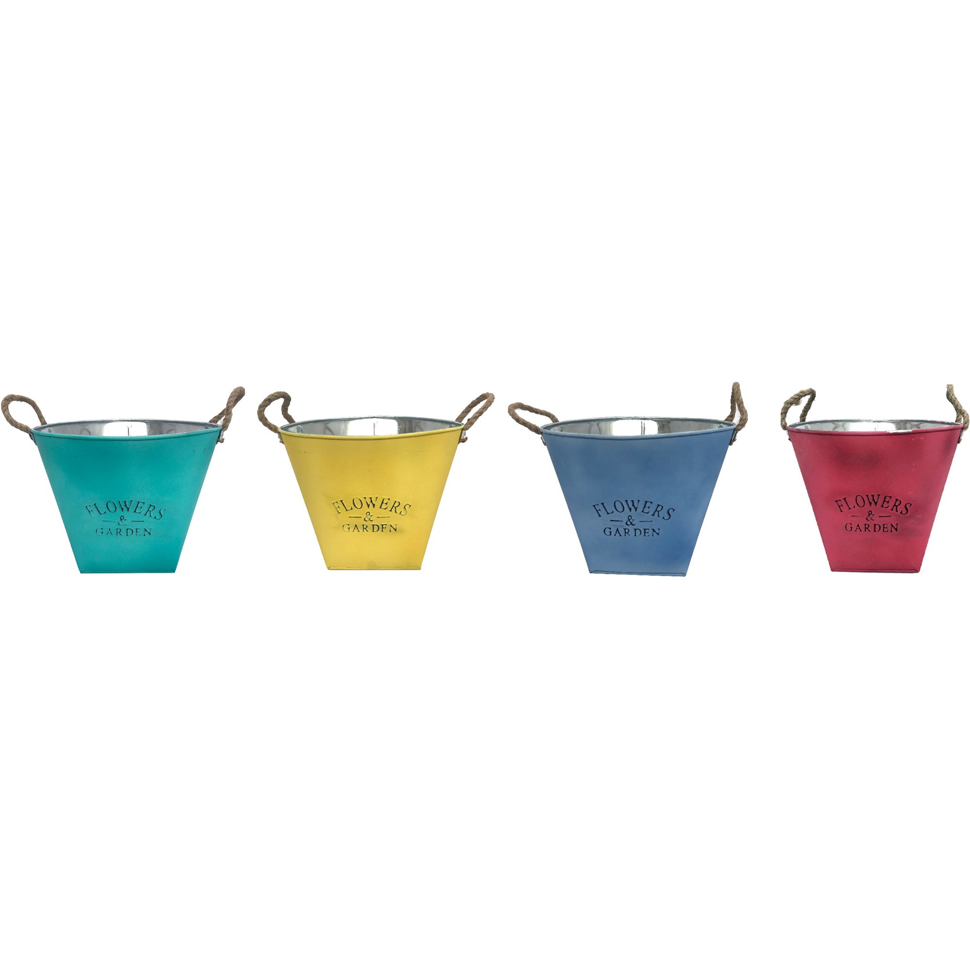 VCS 10" Colorful Flowers & Garden Metal Planters — priced per each; minimum 12; multiples of 12