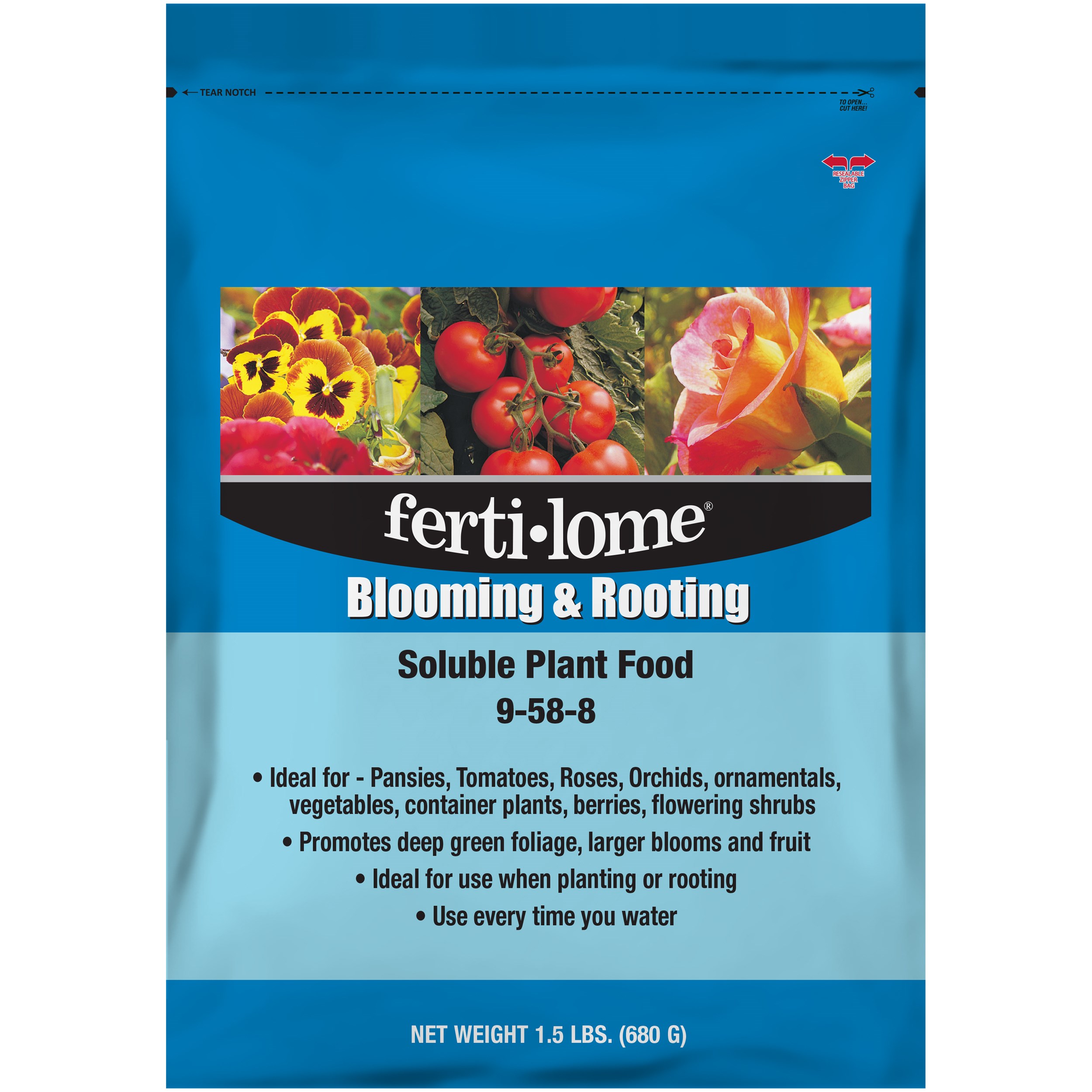 Fertilome 1.5# Bloom & Root Sol Plant Food 9-58-8 — priced per each; minimum 12; multiples of 12