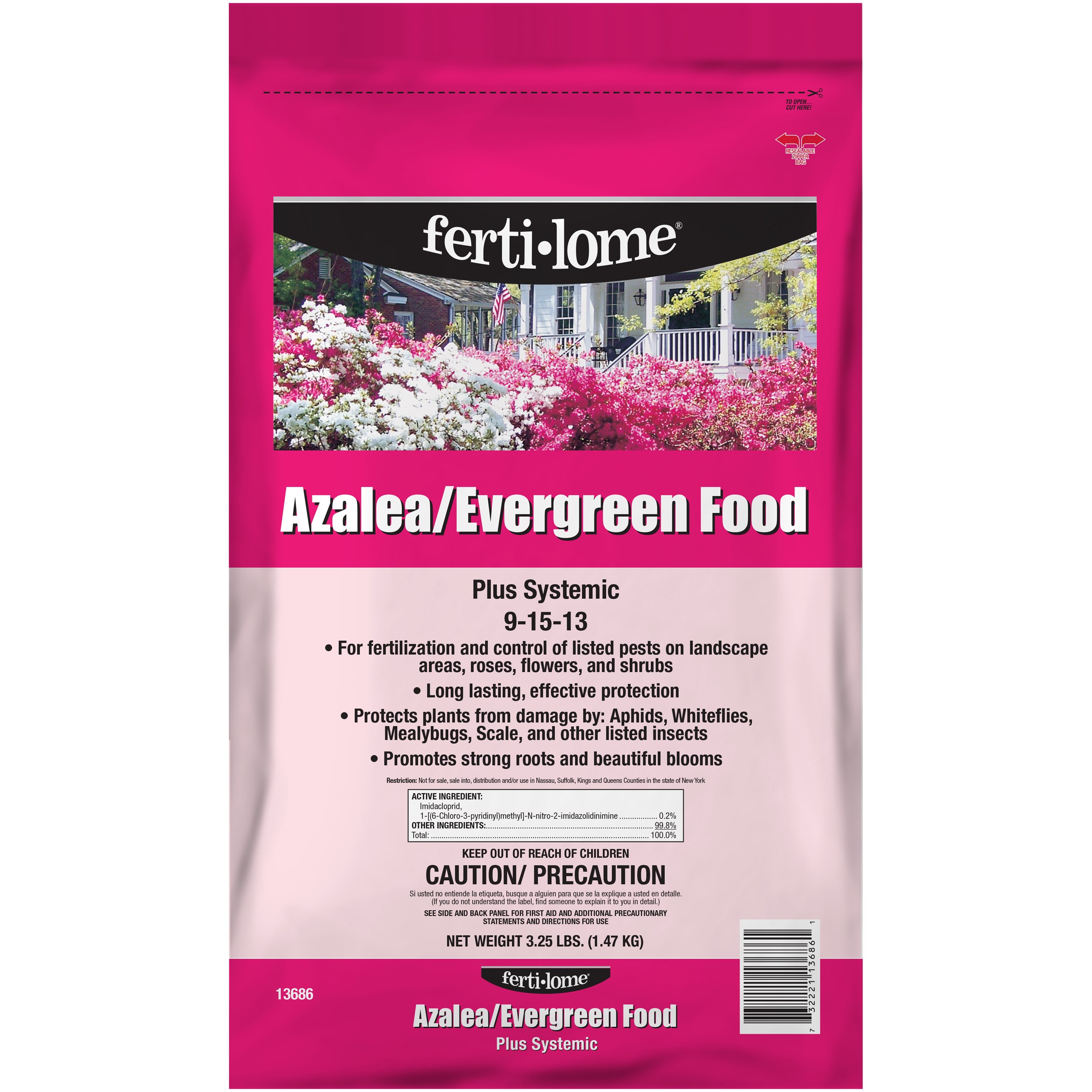 Fertilome 3.25# Azalea/Evergreen Food Plus Systemic 9-15-13 — priced per each; minimum 12; multiples of 12