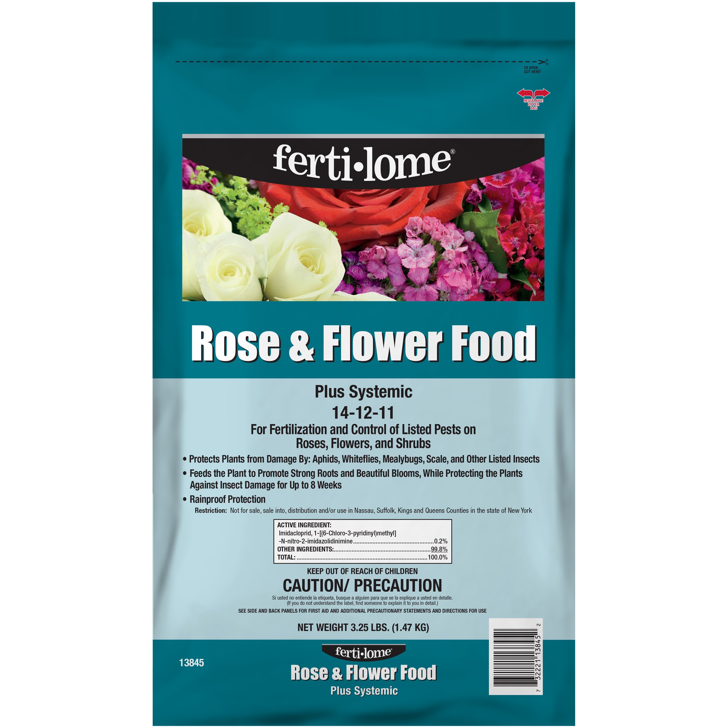 Fertilome 3.25# Rose & Flower Food Plus Systemic 14-12-11 — priced per each; minimum 12; multiples of 12