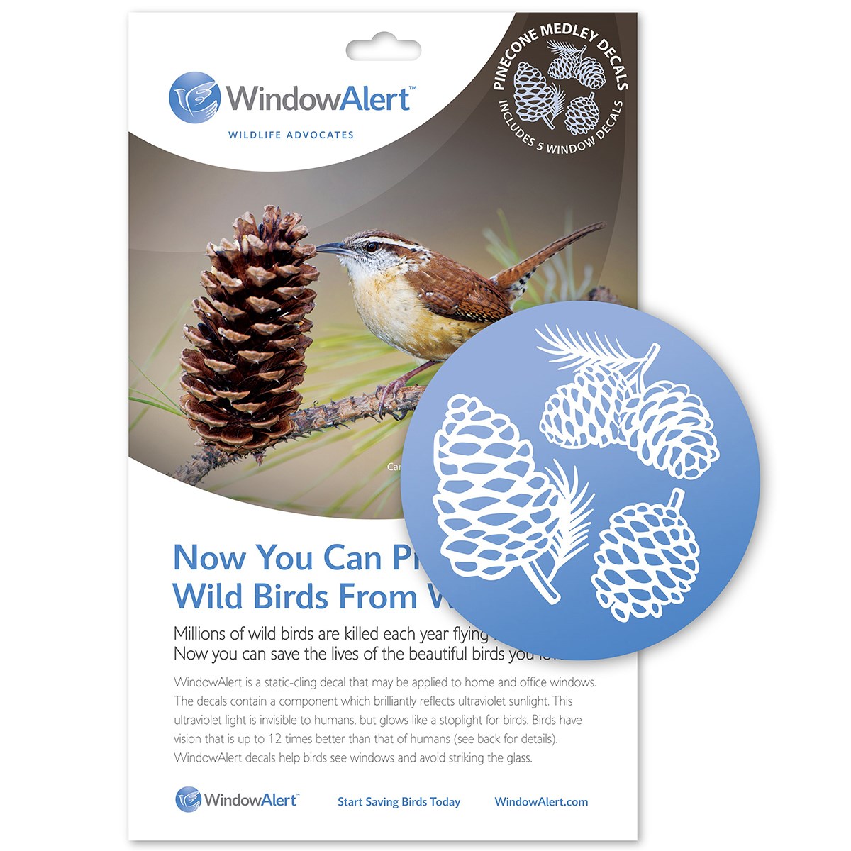 WindowAlert Pinecone UV-Reflective Anti-Collision Bird Deterrent Window Decal — priced per each; minimum 12; multiples of 12