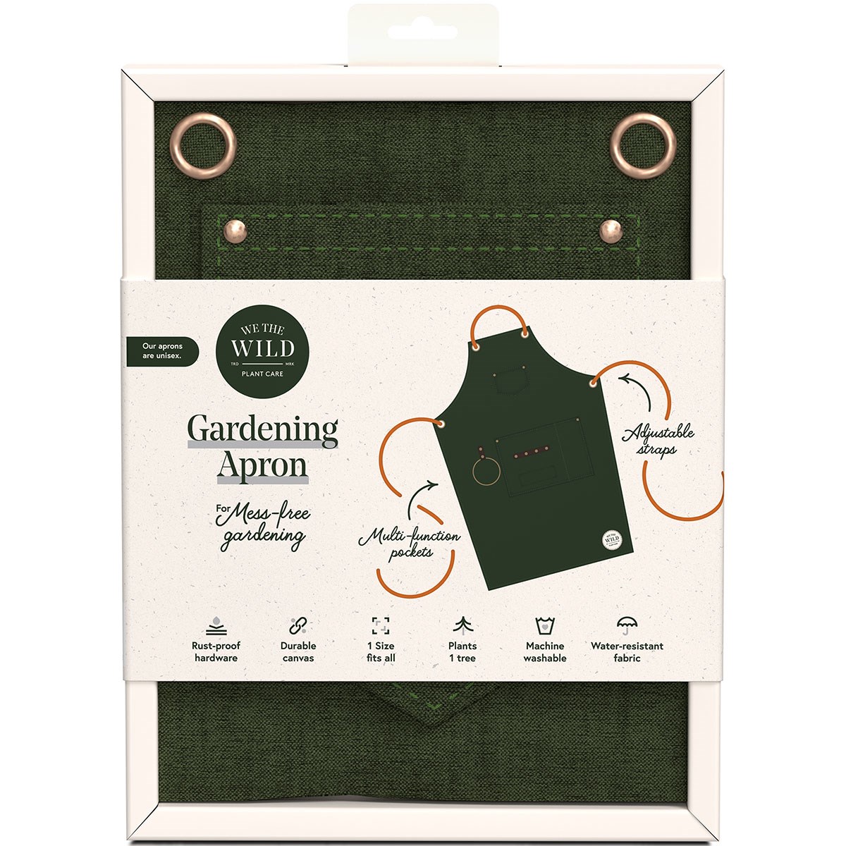 We The Wild Gardening Apron Green Recycled Canvas — priced per each; minimum 4; multiples of 4